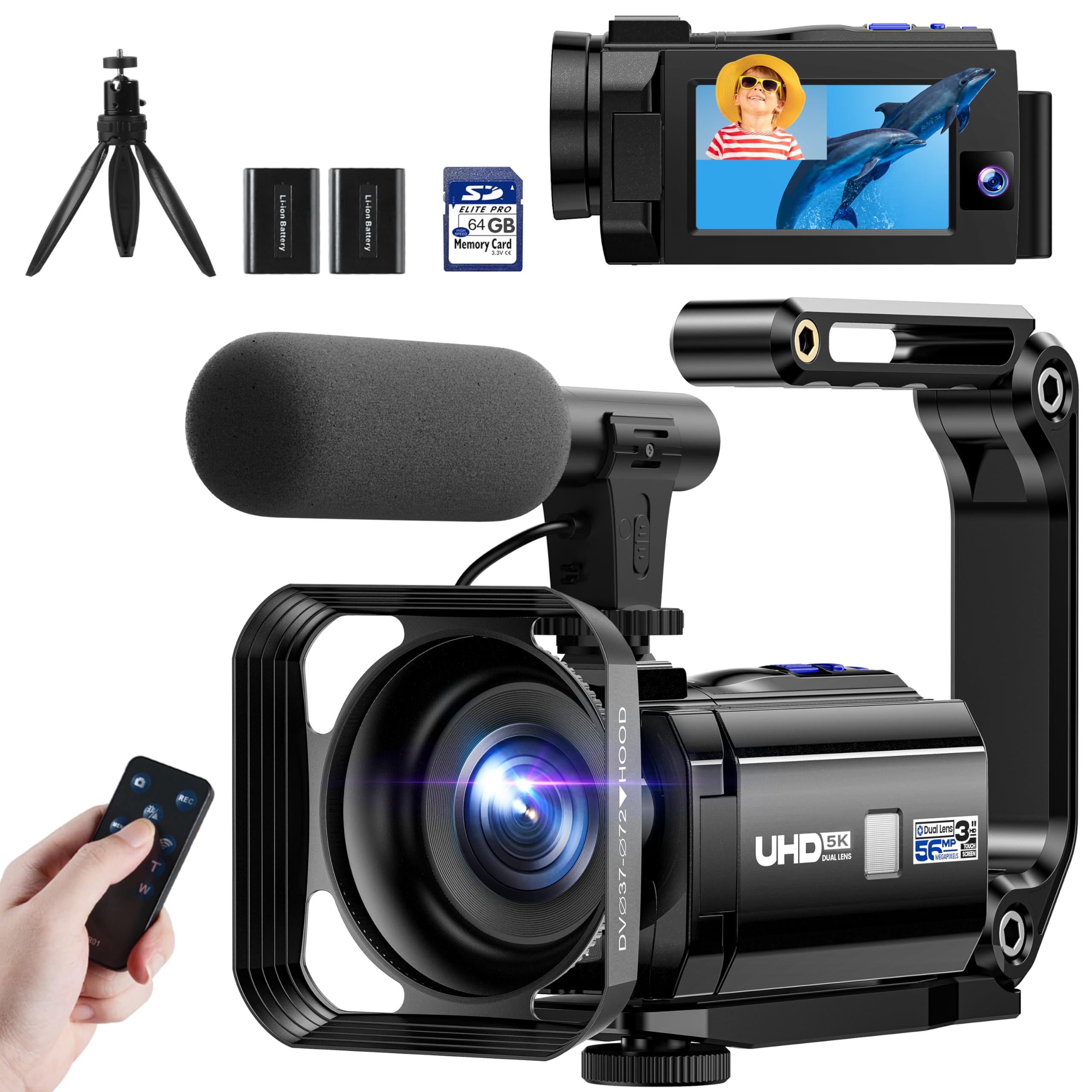 Camcorder Videokamera 5K 56MP Doppelobjektiv WiFi 16X Digitalzoom 3" Touchscreen Vlogging Kamera für YouTube IR Nachtsicht Camera mit 2 Batterien,64GB Karte,Mikrofon,Gegenlichtblende,Fernbedienung Angebot bei HelloDeals