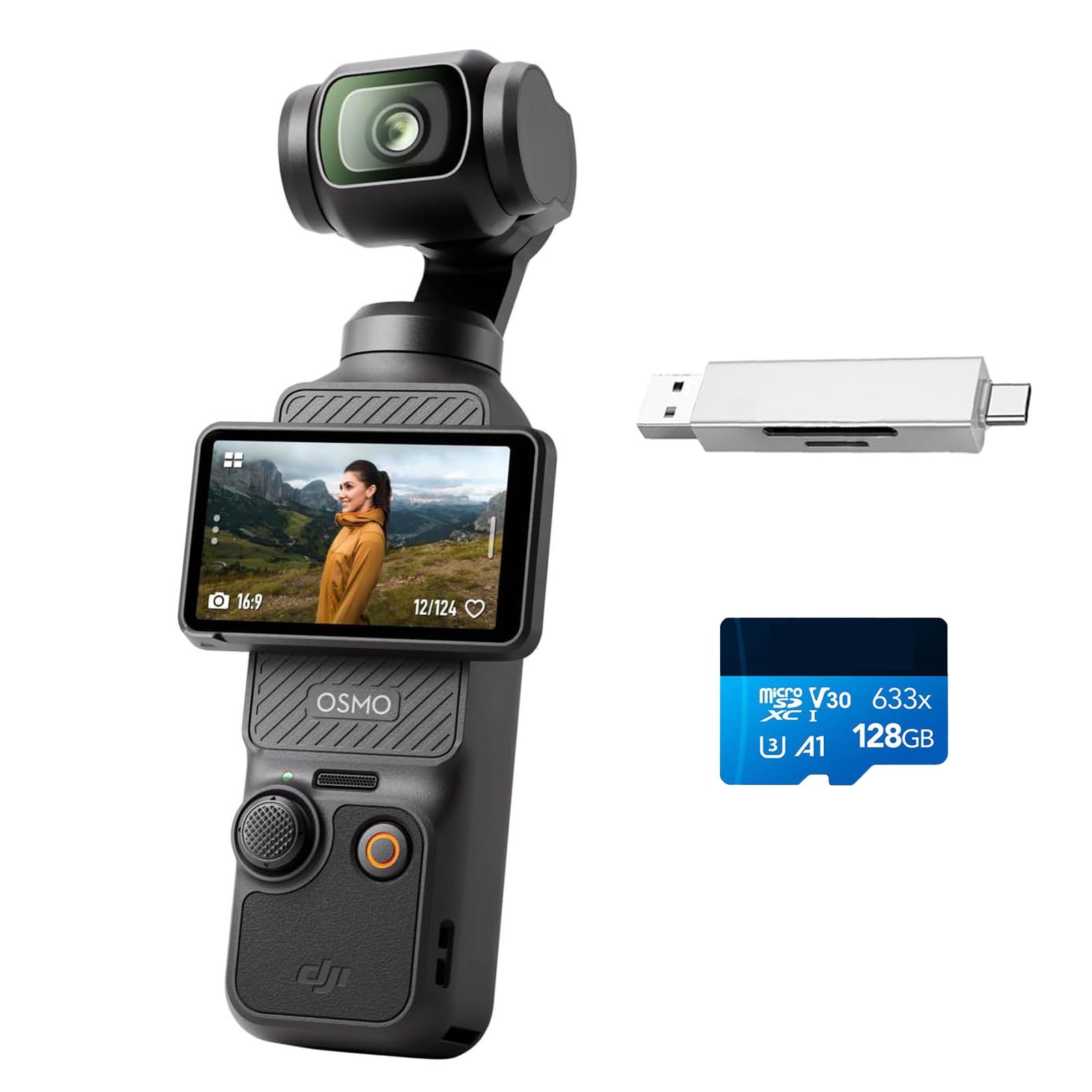 DJI Osmo Pocket 3 Bundle, vlog Kamera 4K mit 1-Zoll-CMOS und 4K/120 fps Video, 3-Achsen-Stabilisierung, digital Kamera, schnelles Scharfstellen (Kartenleser + Speicherkarte) Angebot bei HelloDeals