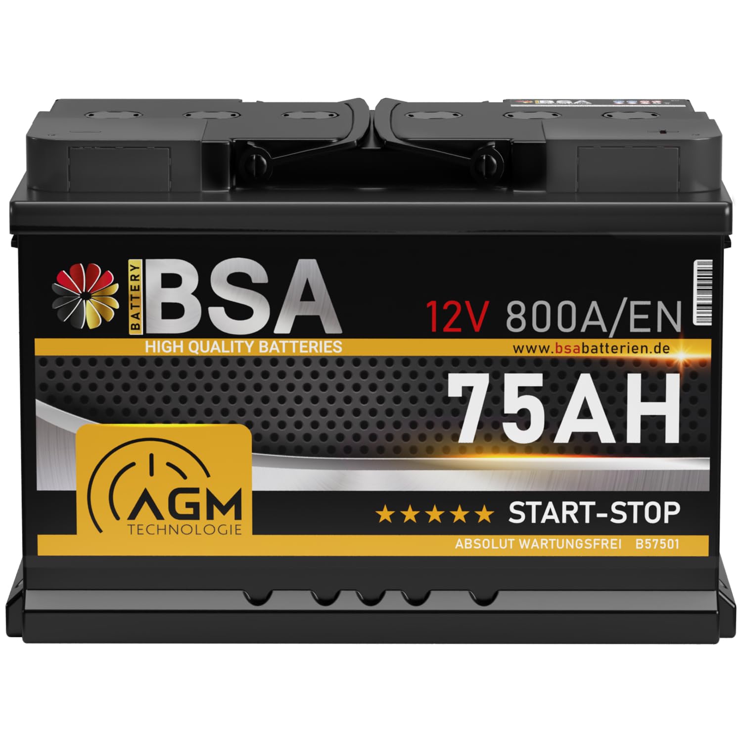 BSA AGM Autobatterie 12V 75Ah 800A/EN Start-Stop Batterie Starterbatterie VRLA statt 70Ah 72Ah 74Ah 75Ah 12V Angebot bei HelloDeals