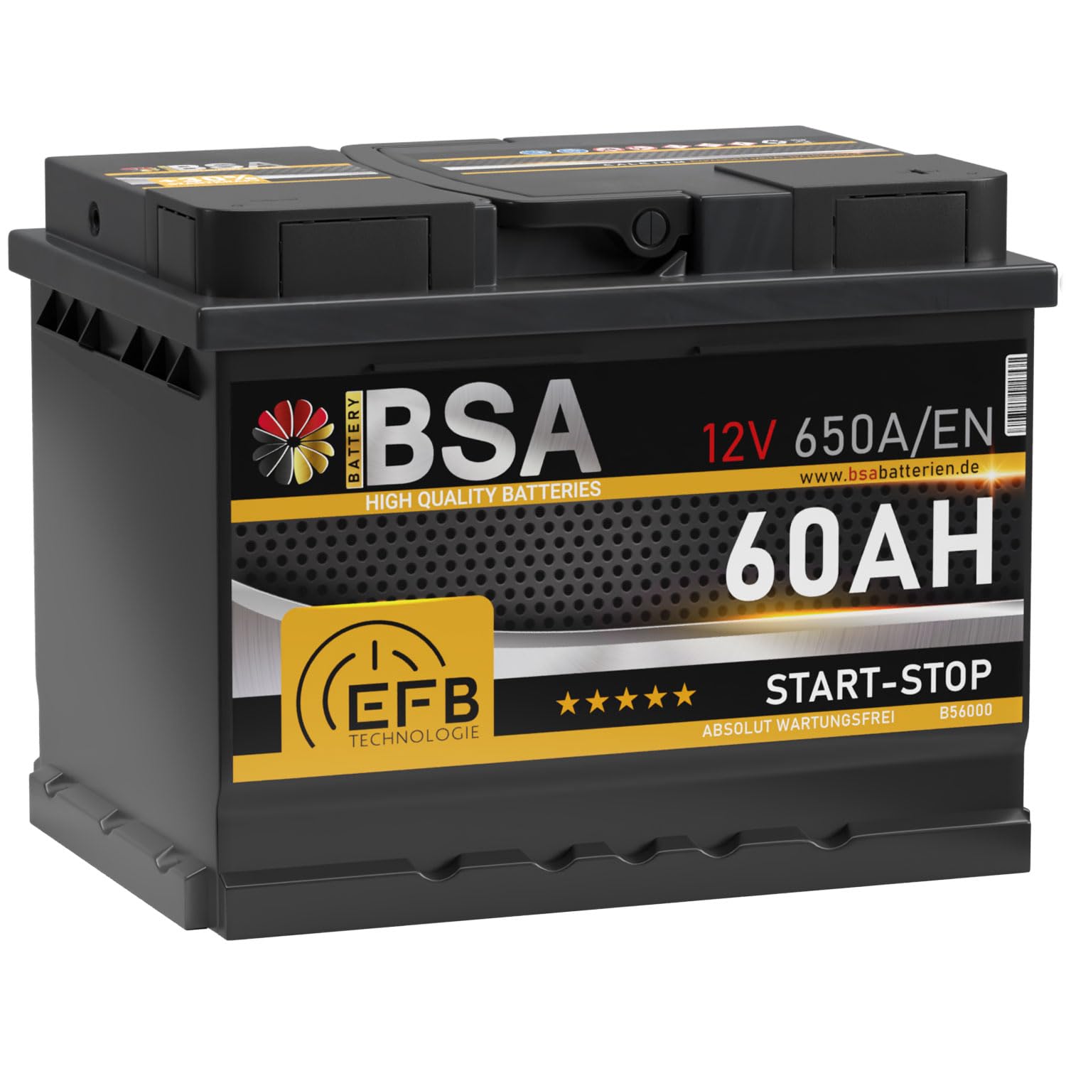 BSA EFB Batterie 60Ah 12V 650A/EN Start Stop Batterie Autobatterie Starterbatterie ersetzt 55Ah Angebot bei HelloDeals
