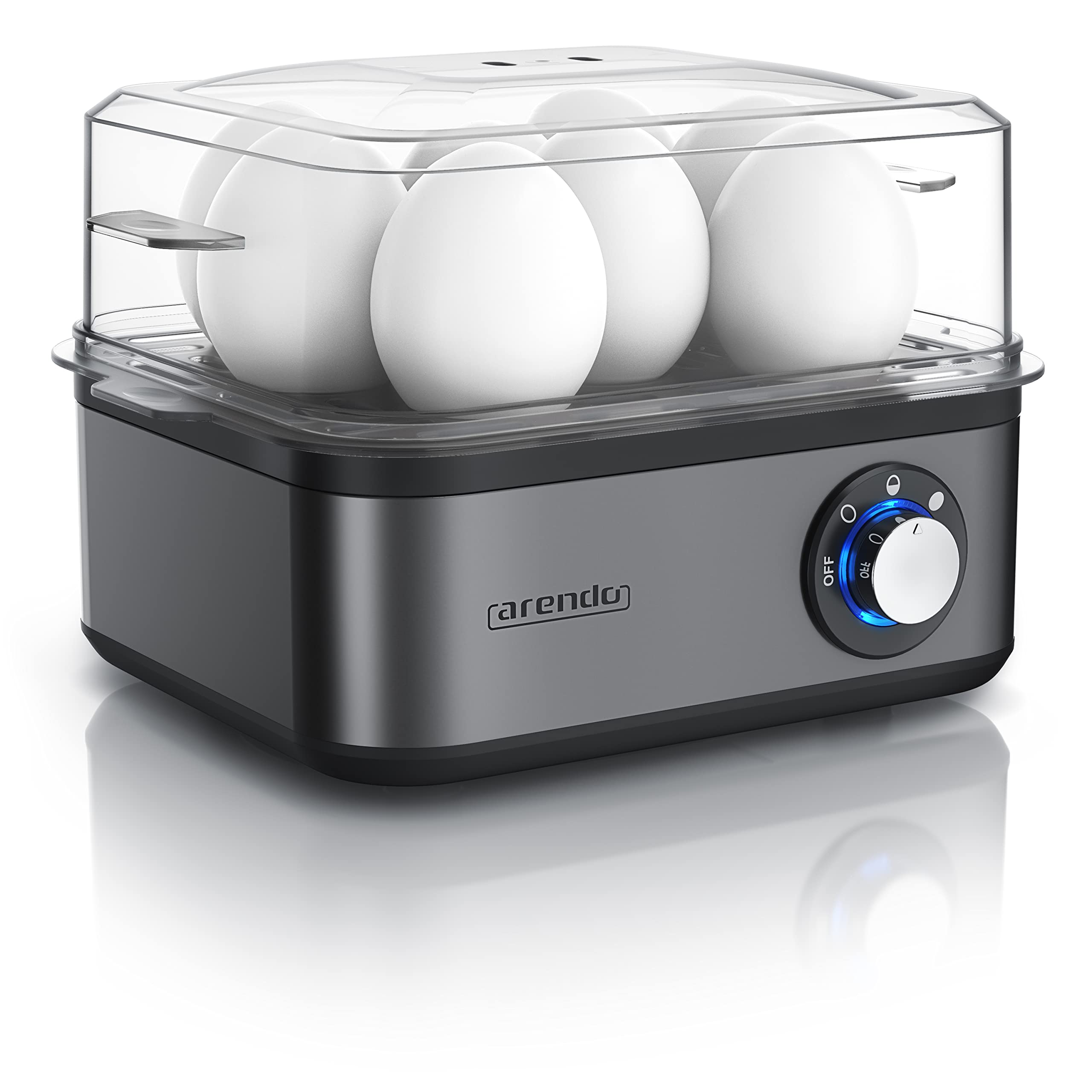 Arendo - Eierkocher Edelstahl für 1 bis 8 Eier - Egg Cooker - 500 W – Kontroll Leuchte – Drehregler für drei Härtegrade - spülmaschinengeeignet | Cool Grey Angebot bei HelloDeals