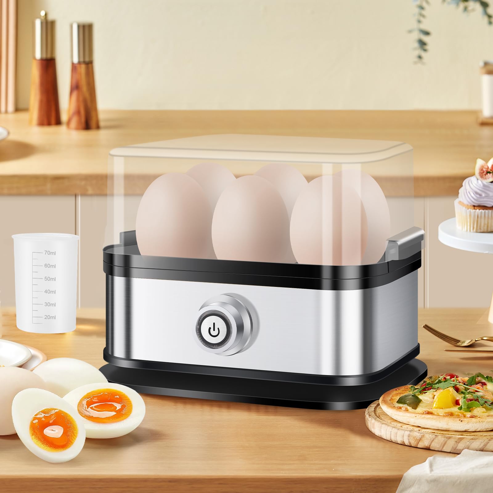 Eierkocher 6 Eier, Eierkocher Edelstahl, 200 W, One-Touch-Start, Warmhaltefunktion, BPA-frei, leicht zu reinigen mit PTC-Temperaturregelung, Anti-Trockenbrennen, Messbecher inklusive Angebot bei HelloDeals