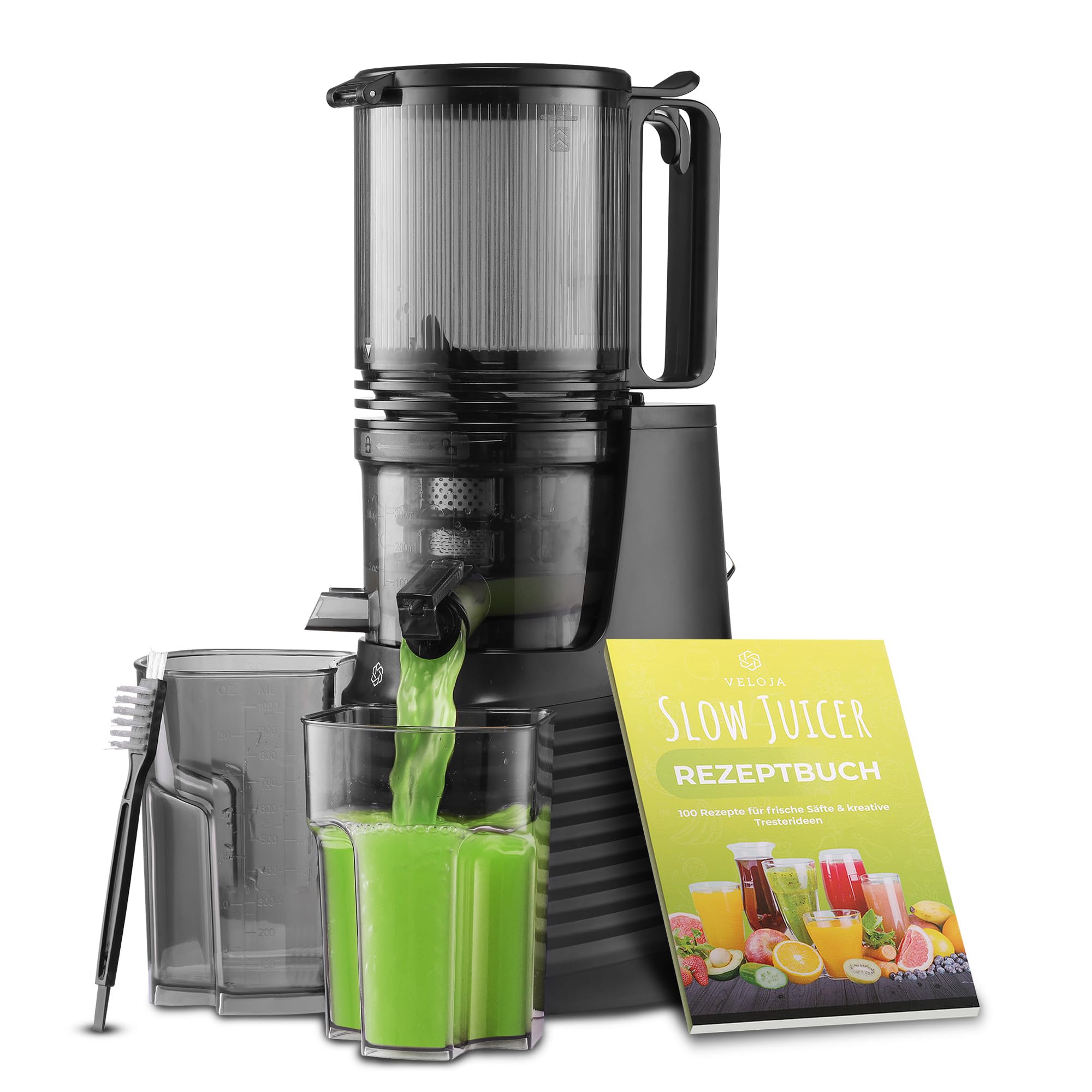 VELOJA Slow Juicer Pro - Kaltpresse Entsafter für ganze Früchte & Gemüse mit 130 mm XL-Einfüllschacht – Ultraleiser Motor – Leicht zu reinigen – Inkl. Rezeptbuch für Säfte & Tresterrezepte Angebot bei HelloDeals