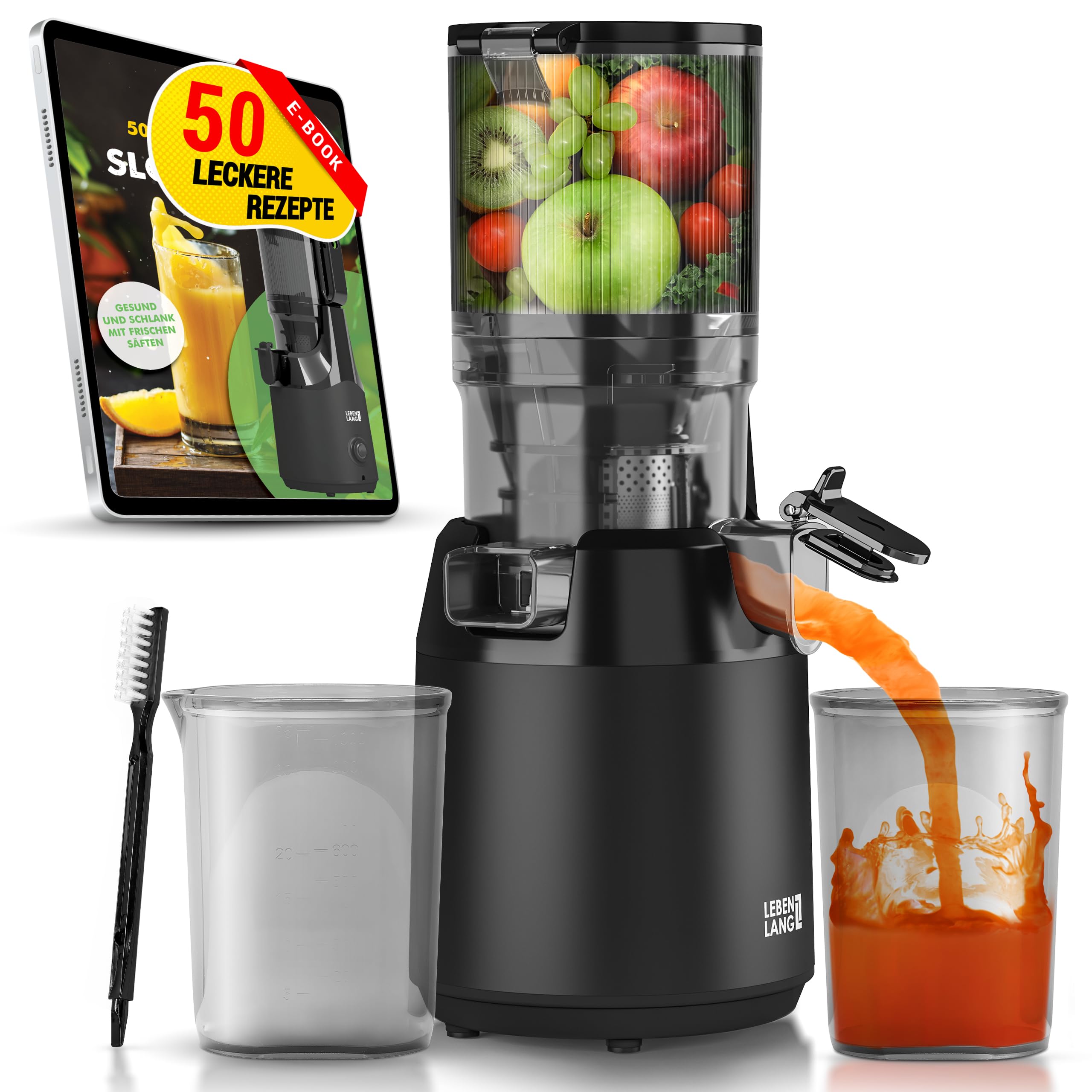 LEBENLANG Entsafter Slow Juicer - Inkl. Rezeptbuch & Große 135mm Öffnung I Perfekt für Obst ganze Früchte und Gemüse 100% BPA-Frei I Best Juicer Machine Saftpresse elektrisch Masticating Green Press Angebot bei HelloDeals