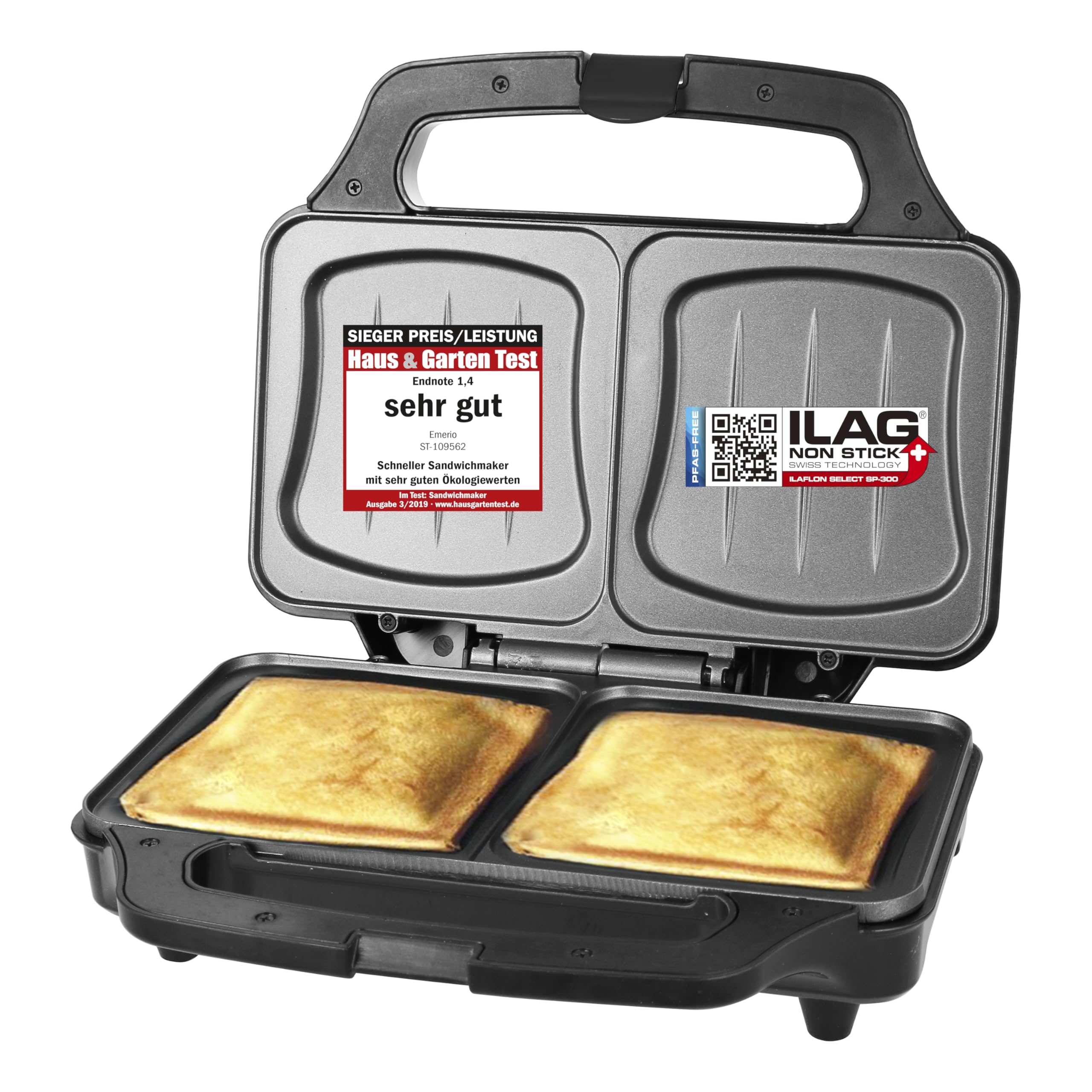 Emerio XXL Sandwichtoaster für alle Toastgrößen geeignet, BPA frei, große Muschelform, leicht zu reinigen, Käse läuft nicht aus, PREIS-/LEISTUNGSSIEGER Haus & Garten Test 03/2019, 900 Watt 2 Toast / Muschelform Angebot bei HelloDeals
