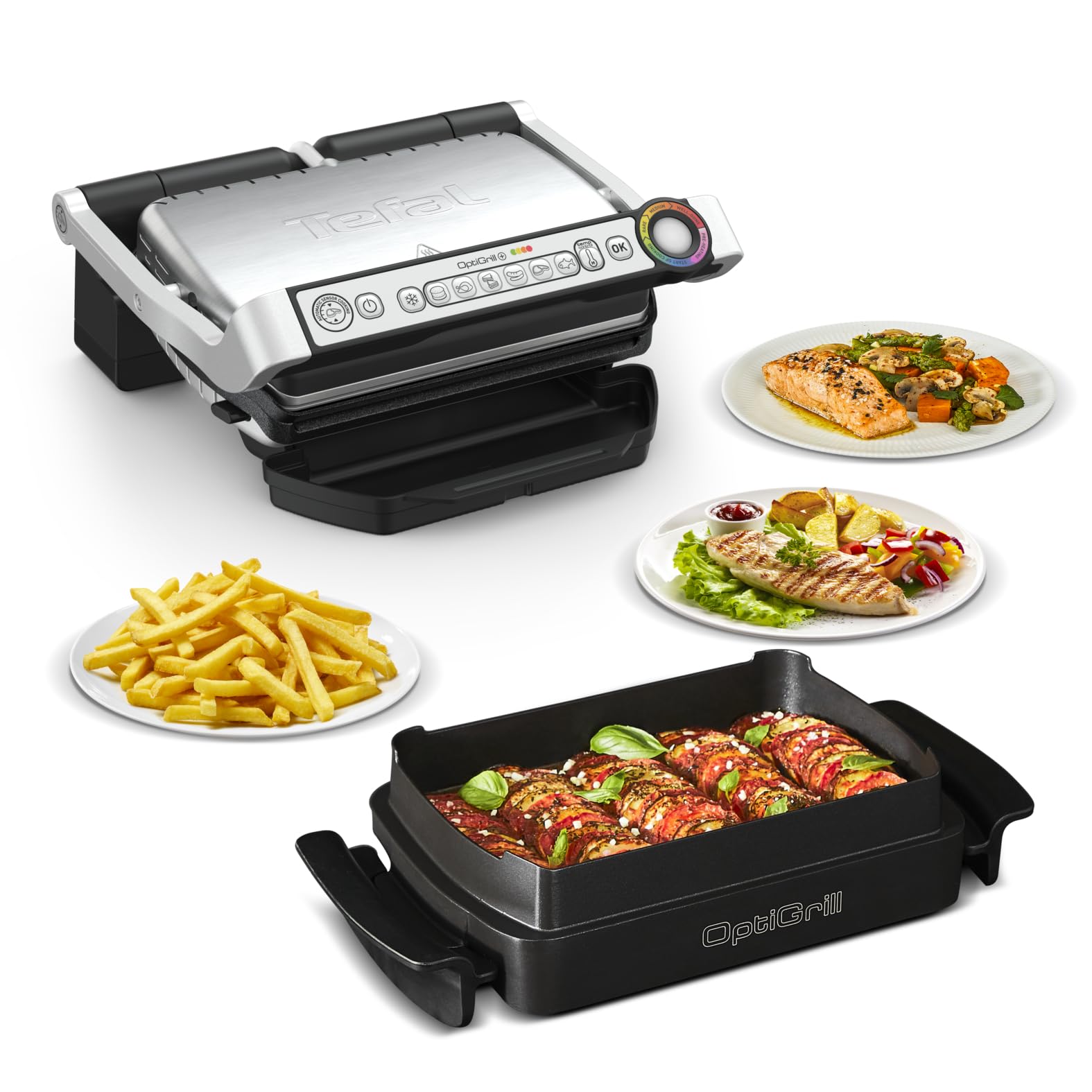 Tefal OptiGrill & Bake Kontaktgrill mit Backschale, 6 Programme, Garstufenanzeige, Abnehmbare Platten, Elektrogrill, Edelstahl, GC714D10 Angebot bei HelloDeals