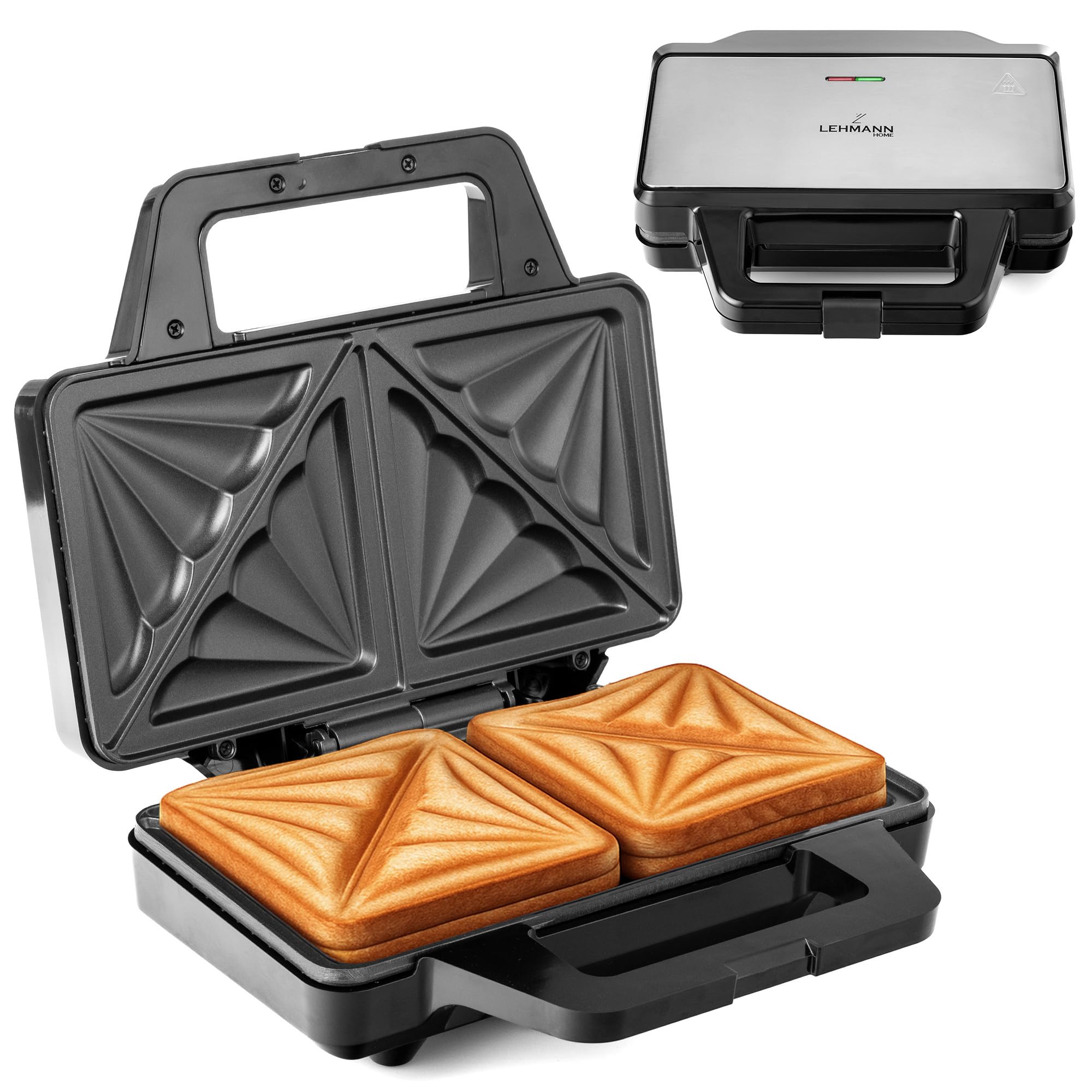 LEHMANN Sandwichmaker XXL - Extra große Sandwich-Platten - Sandwichtoaster XXL für 2 Muschelform-Sandwiches - Antihaftbeschichteter - Bereitschaftsanzeige - Einfache Reinigung - 1000W Angebot bei HelloDeals