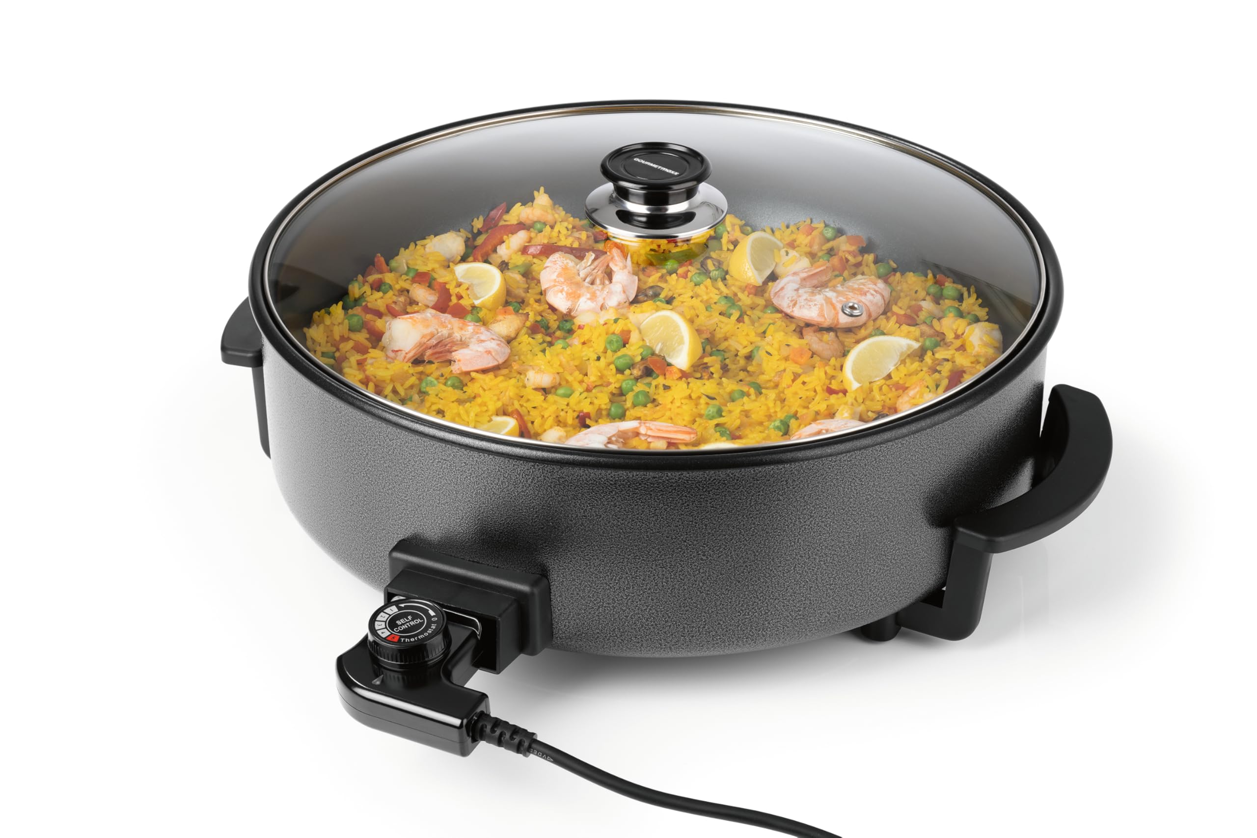 GOURMETmaxx elektrische Pizza-Pfanne mit Thermostat, Glasdeckel & Antihaftbeschichtung | Multifunktionspfanne mit ⌀ 42 cm Durchmesser & 1500 Watt | Pizza Pan - ideal für Partys ⌀ 42 cm | 8 Liter Angebot bei HelloDeals