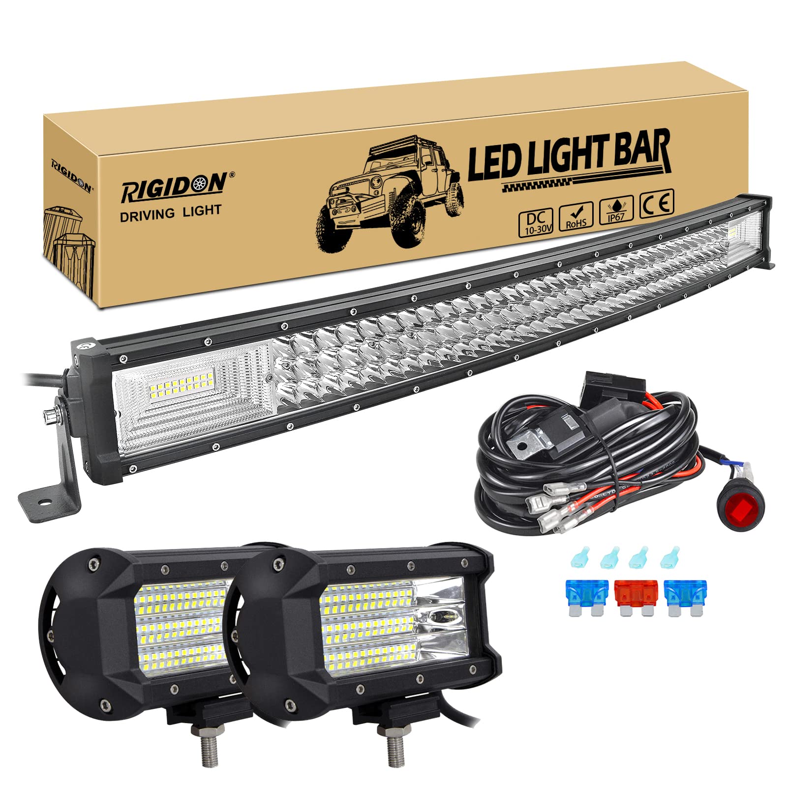 RIGIDON 32 Zoll 80 cm 405W gebogene led lichtleiste mit 12v kabelbaum kit, 2x 5 zoll 135W Flood led arbeitsscheinwerfer, Wasserdicht warmweiß offroad beleuchtung für Auto Offroad LKW KFZ Traktor 4x4 32 Zoll 405W + 2x135W + kabelbaum kit Angebot bei HelloDeals