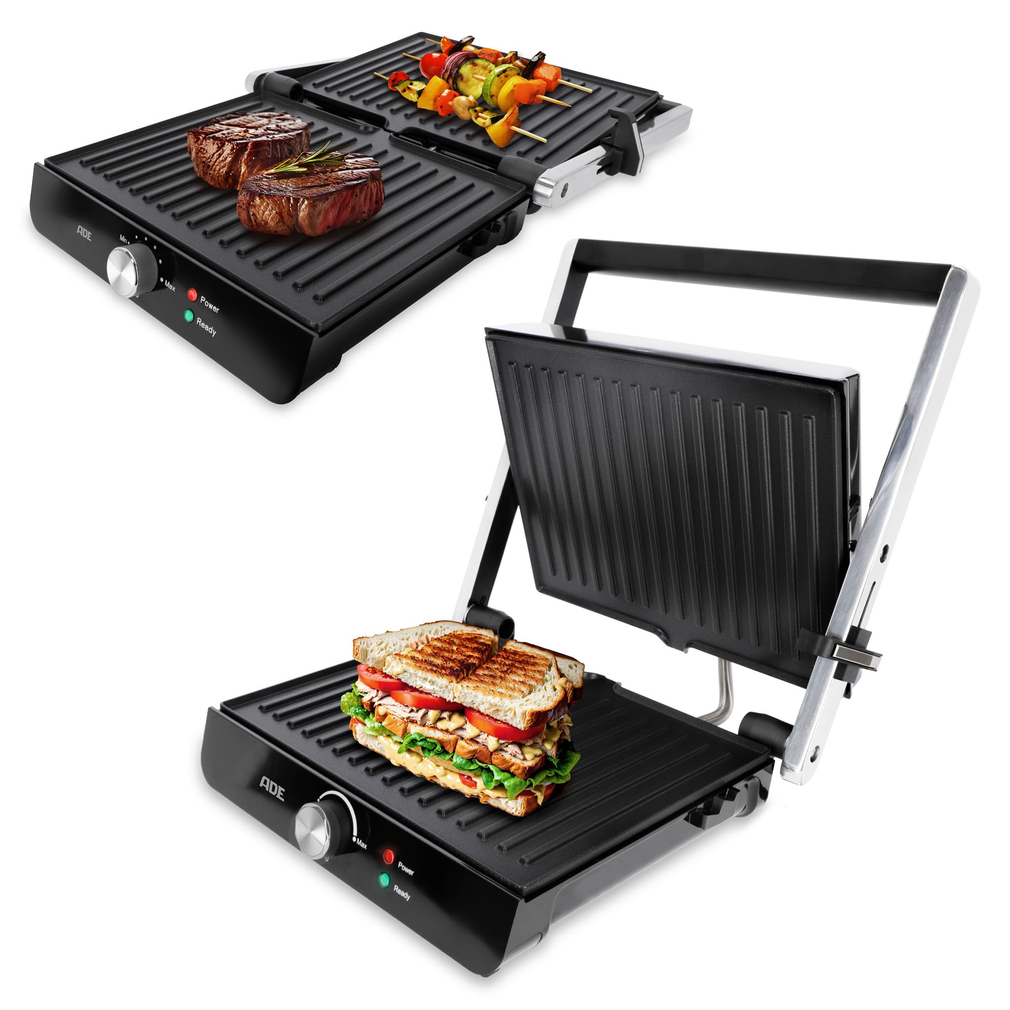 ADE Kontaktgrill 2.000 Watt | Elektrogrill für Balkon | antihaftbeschichteter Sandwichmaker 3 in 1 | Paninitoaster & Tischgrill elektrisch 180° aufklappbar | für Sandwiches, Steaks, Gemüse, Panini Silber Angebot bei HelloDeals