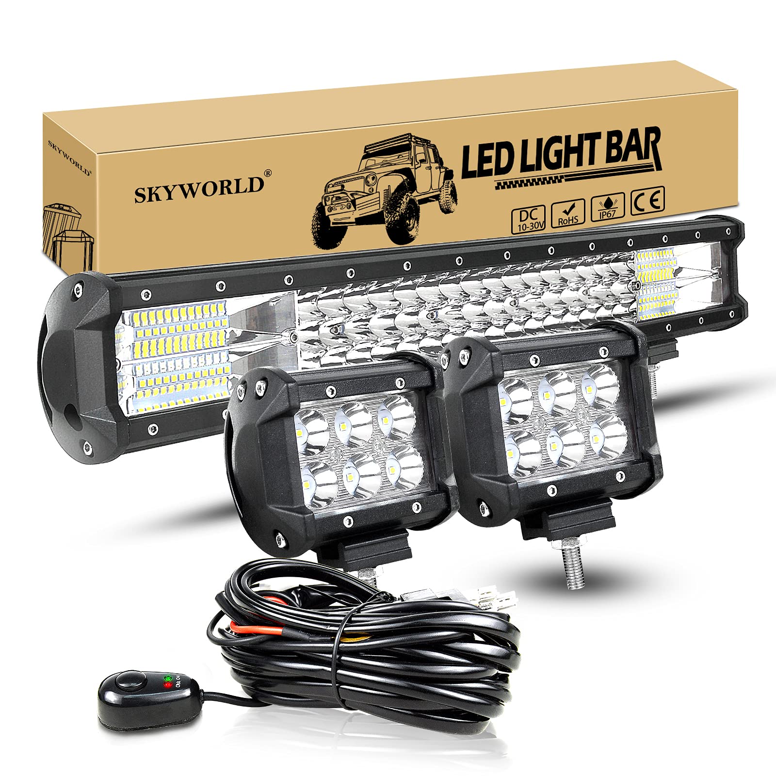 LED Arbeitsscheinwerfer Bar SKYWORLD 50cm 288W Lightbar Offroad Scheinwerfer Zusatzscheinwerfer 12V 24V + 2 x 10cm 18W LED Scheinwerfer mit Kabelbaum-Kit für 4x4 LKW Auto Traktor SUV UTV ATV 3-reihig 20" + 4" Spot + Verkabelung Angebot bei HelloDeals