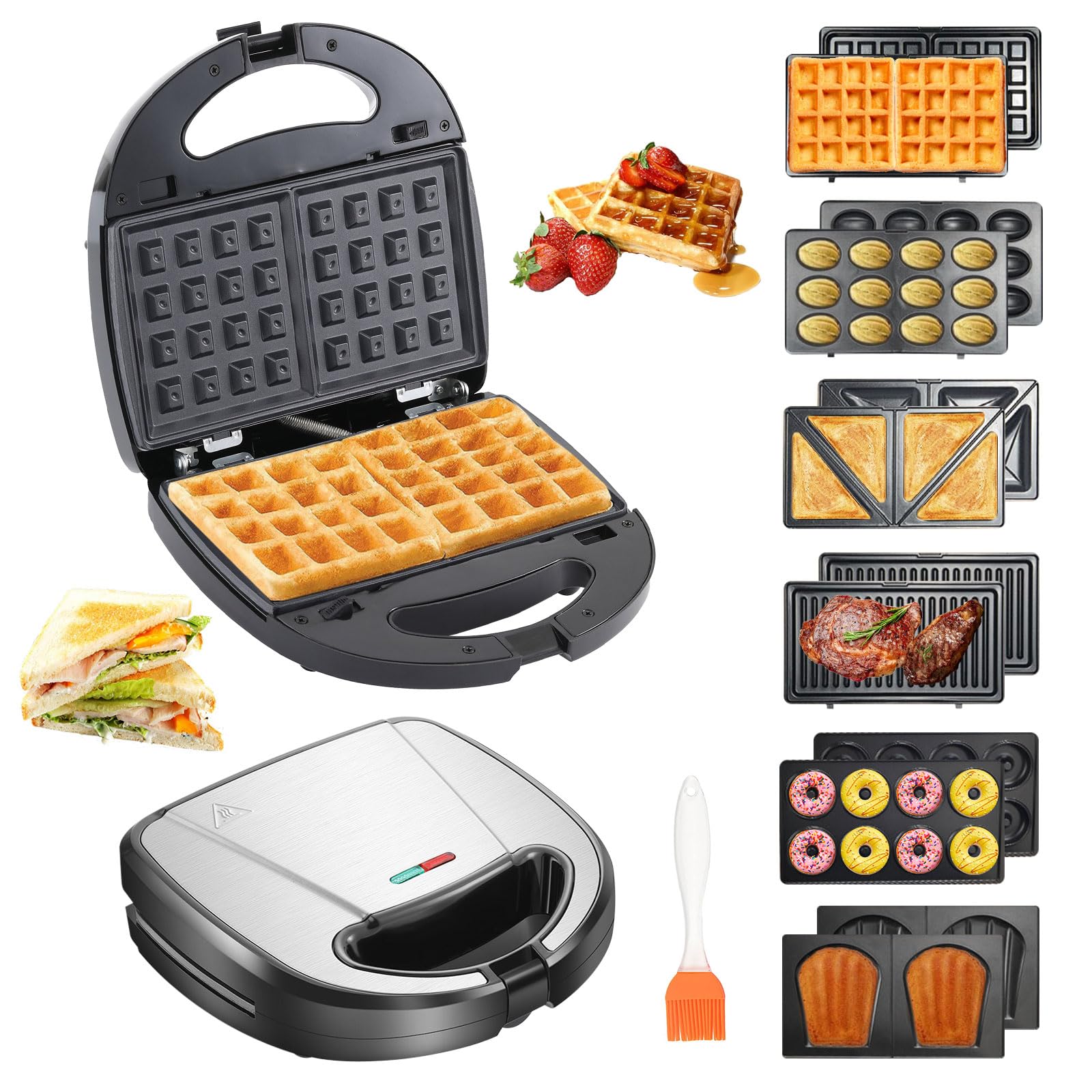 OKYUK 750W Sandwichmaker mit 6 wechselbaren Platten, Sandwichtoaster & Waffeleisen mit Antihaftbeschichtung für Frühstück, Panini und Grillen Angebot bei HelloDeals