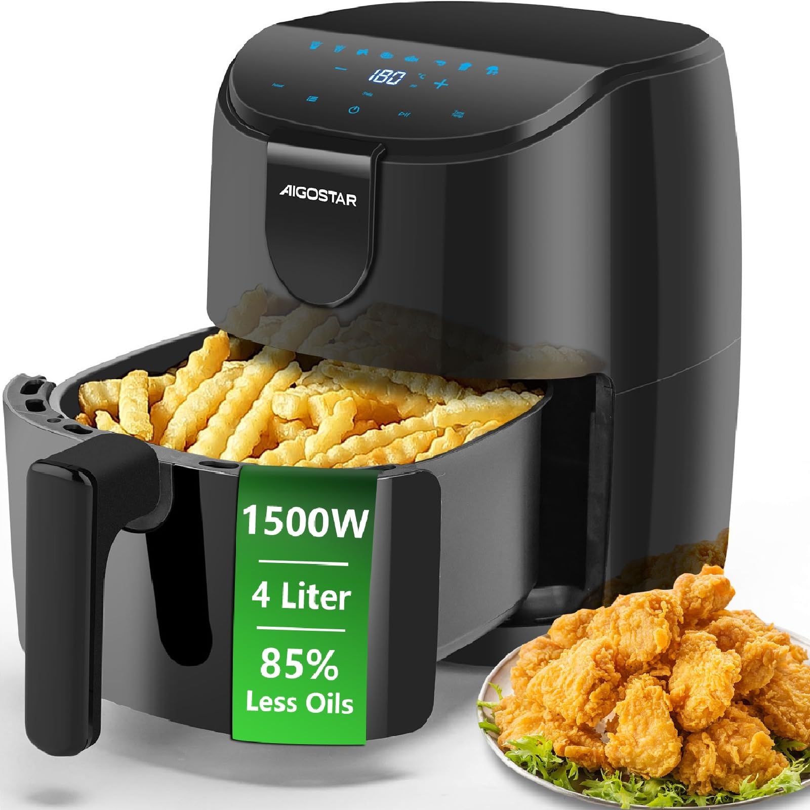 Aigostar Air Fryer 4L, Heißuftfritteuse XXL, Heissluft Fritteusen ohne Öl, 8 Menü, LED Touchscreen, 1500W, BPA-frei Angebot bei HelloDeals