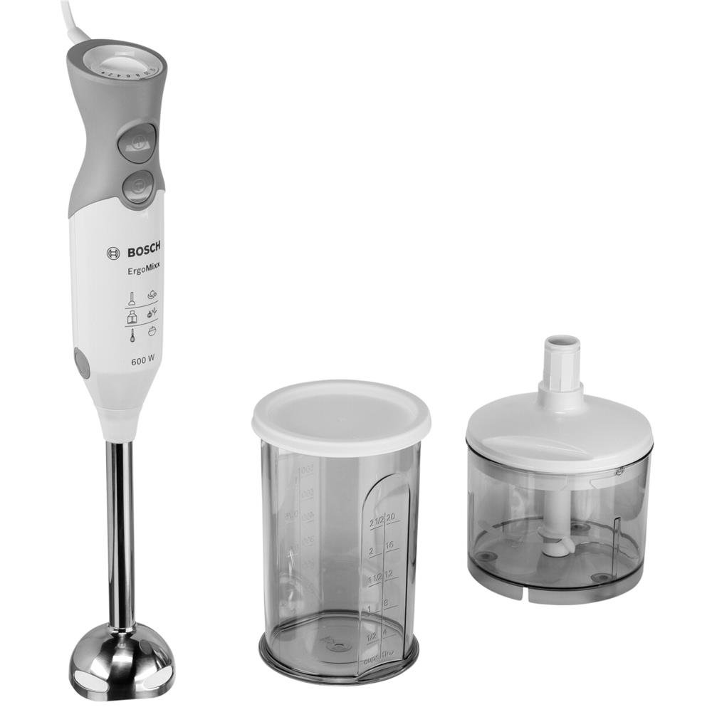 Bosch Stabmixer ErgoMixx MSM66120, Edelstahl-Mixfuß, Mix- und Messbecher, 4-Klingen-Messer, ergonomisches Design, 12 Stufen plus Turbo, 600 W, weiß/grau Angebot bei HelloDeals