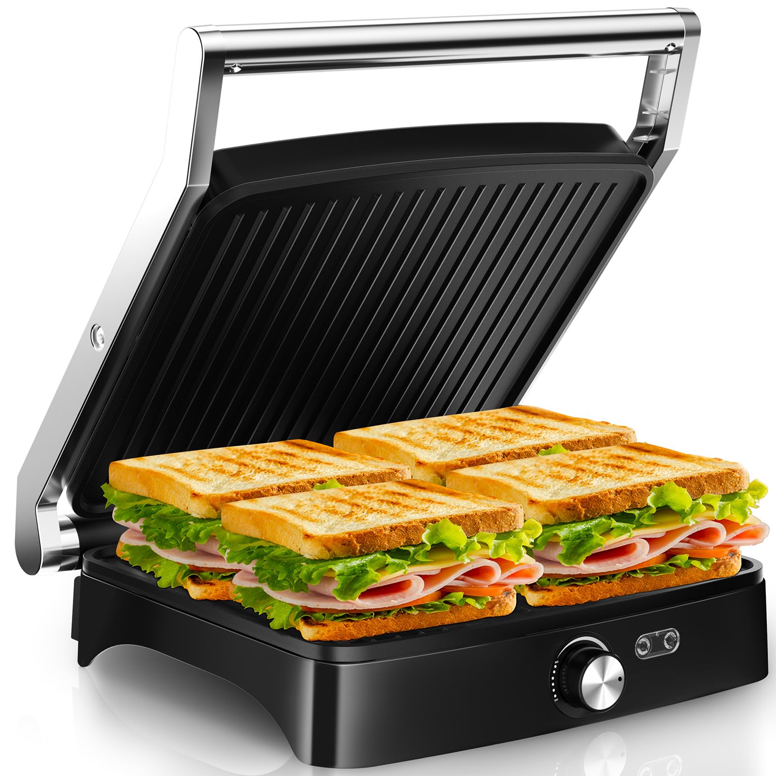 YASHE 2000W Kontaktgrill, Panini Grill mit 4 Scheiben, 180° Öffnung, Antihaftplatten, Temperatur einstellbar, Cool-Touch-Griff, Fettauffangschale – Silber/Edelstahl Angebot bei HelloDeals