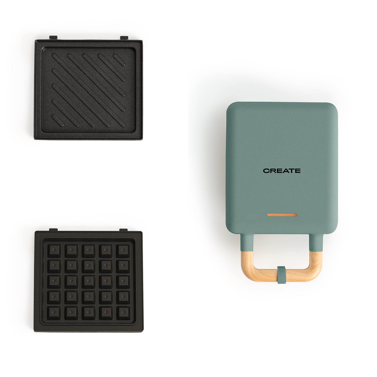 CREATE/STONE STUDIO/Sandwichmaker und Waffeleisen in Salbeigrün / 2 austauschbare Antihaftplatten, 1 Scheibe, 100º Offnung, BPA-frei, 105º Öffnung, Cool-Touch-Griff, 600W Salbeigrün Einzelner - 2 Platten Angebot bei HelloDeals