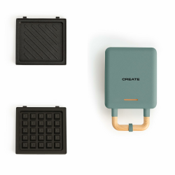 CREATE/STONE STUDIO/Sandwichmaker und Waffeleisen in Salbeigrün / 2 austauschbare Antihaftplatten, 1 Scheibe, 100º Offnung, BPA-frei, 105º Öffnung, Cool-Touch-Griff, 600W Salbeigrün Einzelner - 2 Platten Angebot bei HelloDeals