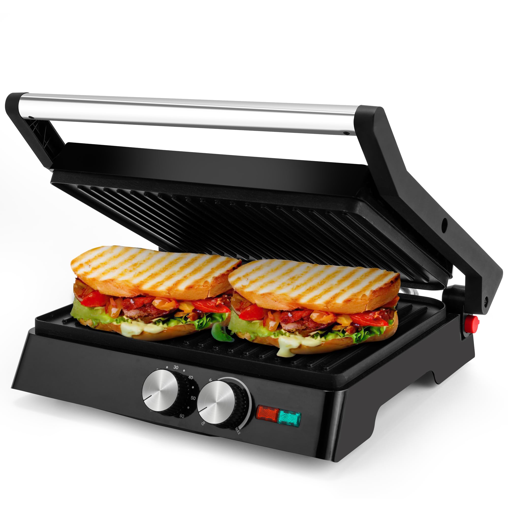 Pukomc Kontaktgrill, 1800W Contact Grill Plattengriller mit Antihaftbeschichtung, 60 Minuten Timer, 180º Öffnung，Sandwiches、 Steak und als Panini grill Angebot bei HelloDeals