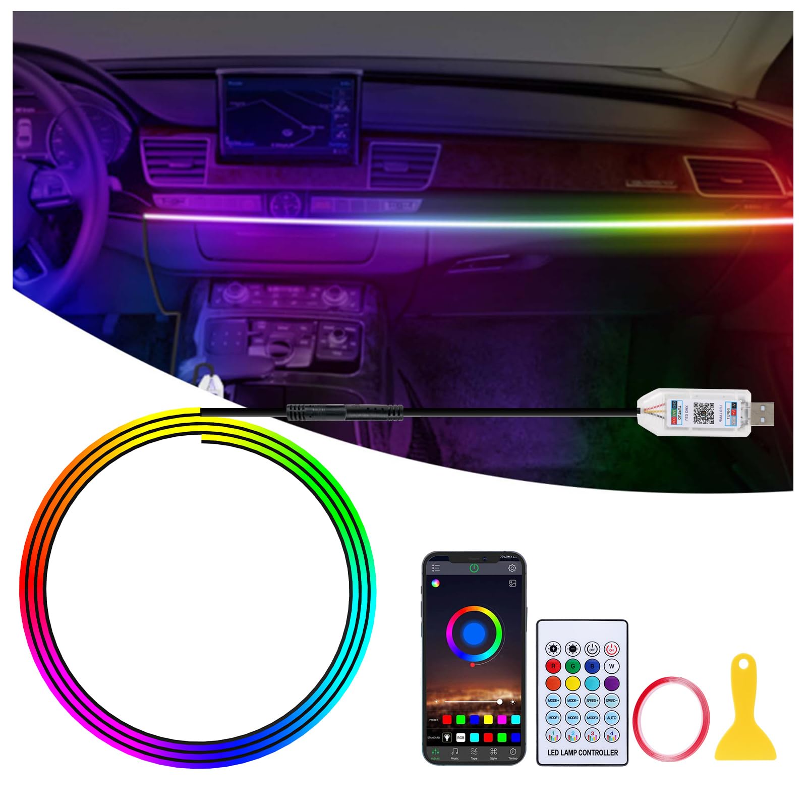 GPJYD Acryl Auto LED Innenbeleuchtung, RGB Ambientebeleuchtung Auto Strip 110cm 146LEDs mit 219 Szenen-Optionen, APP-Steuerung, USB-Port A uto innenraumbeleuchtung für Geschenke für Männer Frauen Angebot bei HelloDeals