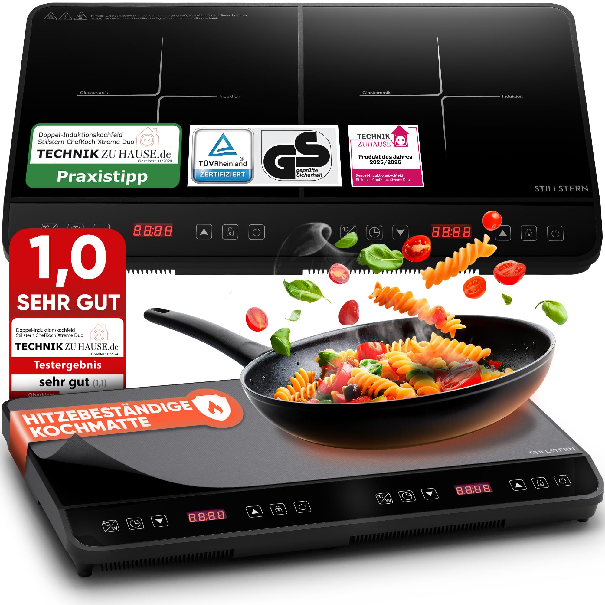 Stillstern Doppel-Induktionskochfeld | Doppel-Induktionskochplatte [3600W] mit Lautlos-Funktion & Turbo-Boost, 12-28cm, 18 Temperaturstufen & Leistungsstufen, 24h Timer, Kindersicherung, Touch Schwarz Angebot bei HelloDeals
