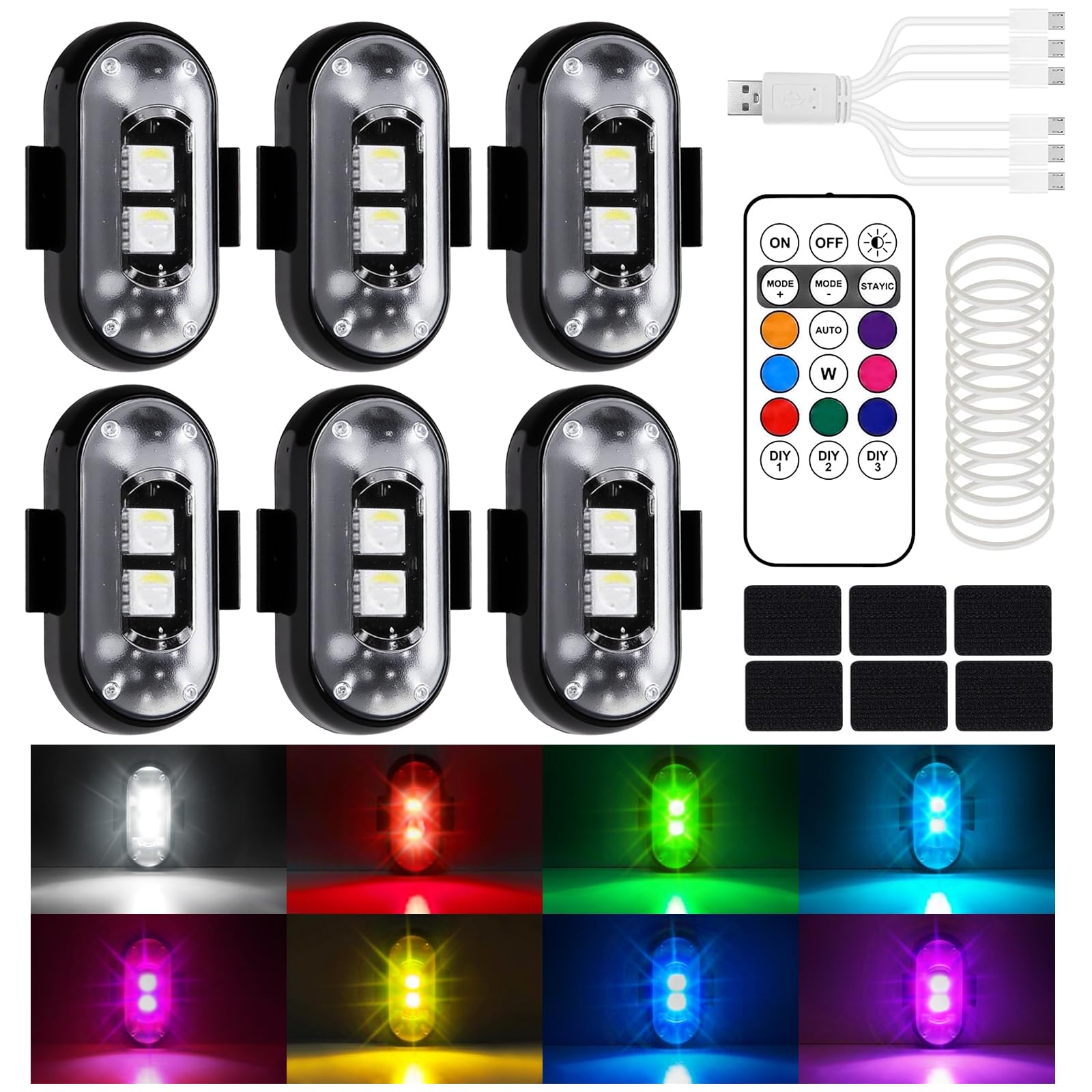 YESLUSY 6 Stück Kabellose LED Lichter Autos, Wasserdicht Auto Antikollisionslichter mit Fernbedienung, 8 Farben USB Aufladung Blitzleuchte für Motorrad, RC-Auto, Fahrrad, Drohne, LKW Angebot bei HelloDeals