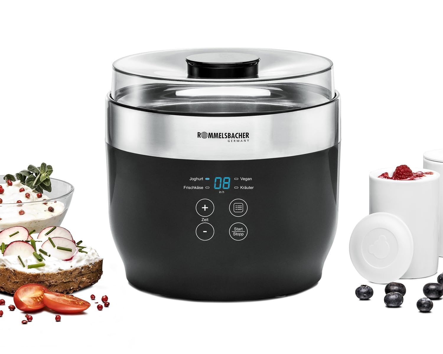 ROMMELSBACHER Joghurt- und Frischkäsebereiter JG 80 "Jona", inkl. 4 Keramik Portionsbecher à 125 ml, 2 XXL Glasbehälter à 1,2 Liter, 4 voreingestellte Programme mit unterschiedlichen Temperaturen Angebot bei HelloDeals