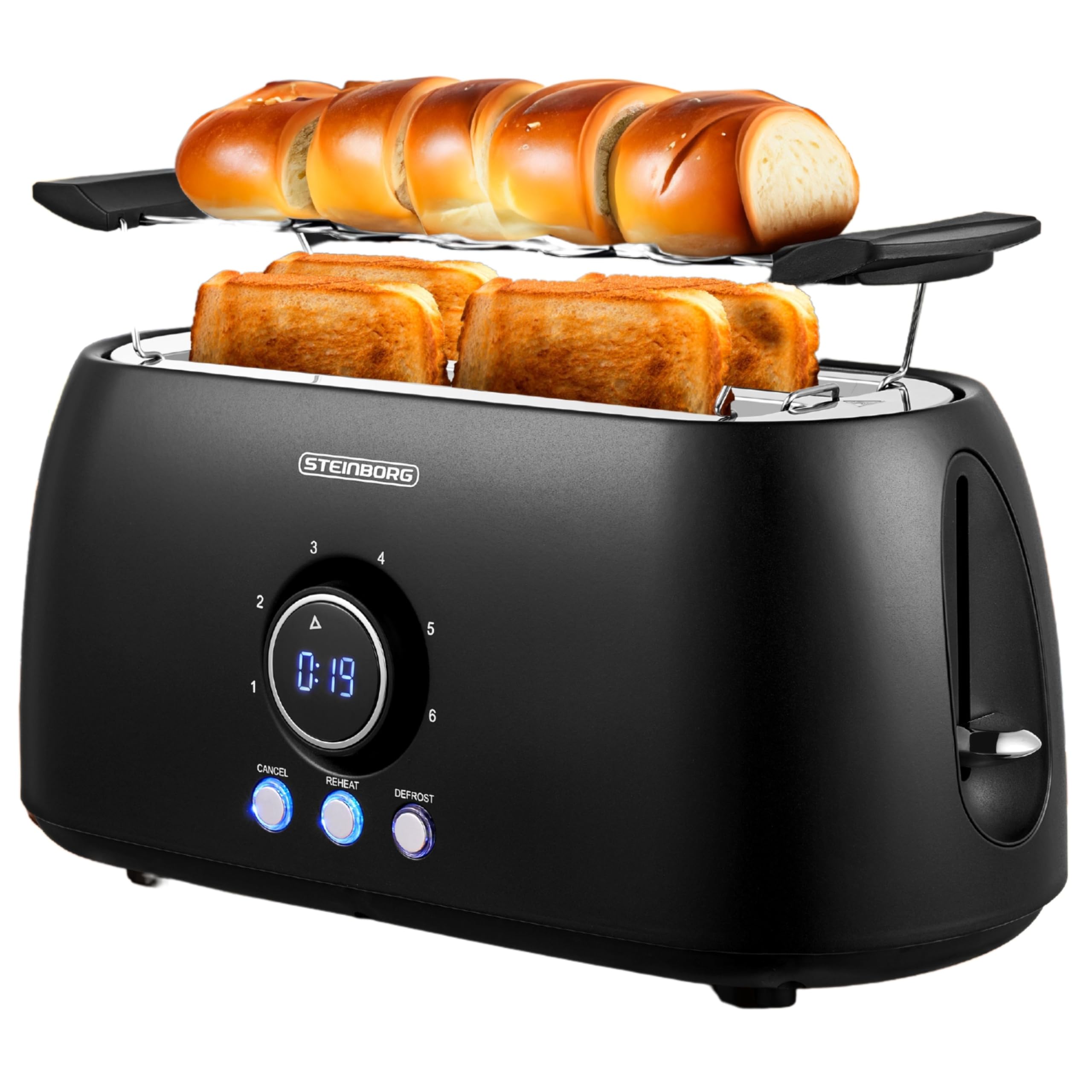 XXL Toaster 4 Scheiben mit Brötchenaufsatz | Toaster Schwarz | Digitales Display | Toastautomat | Automatische Abschaltung | Langschlitztoaster Angebot bei HelloDeals