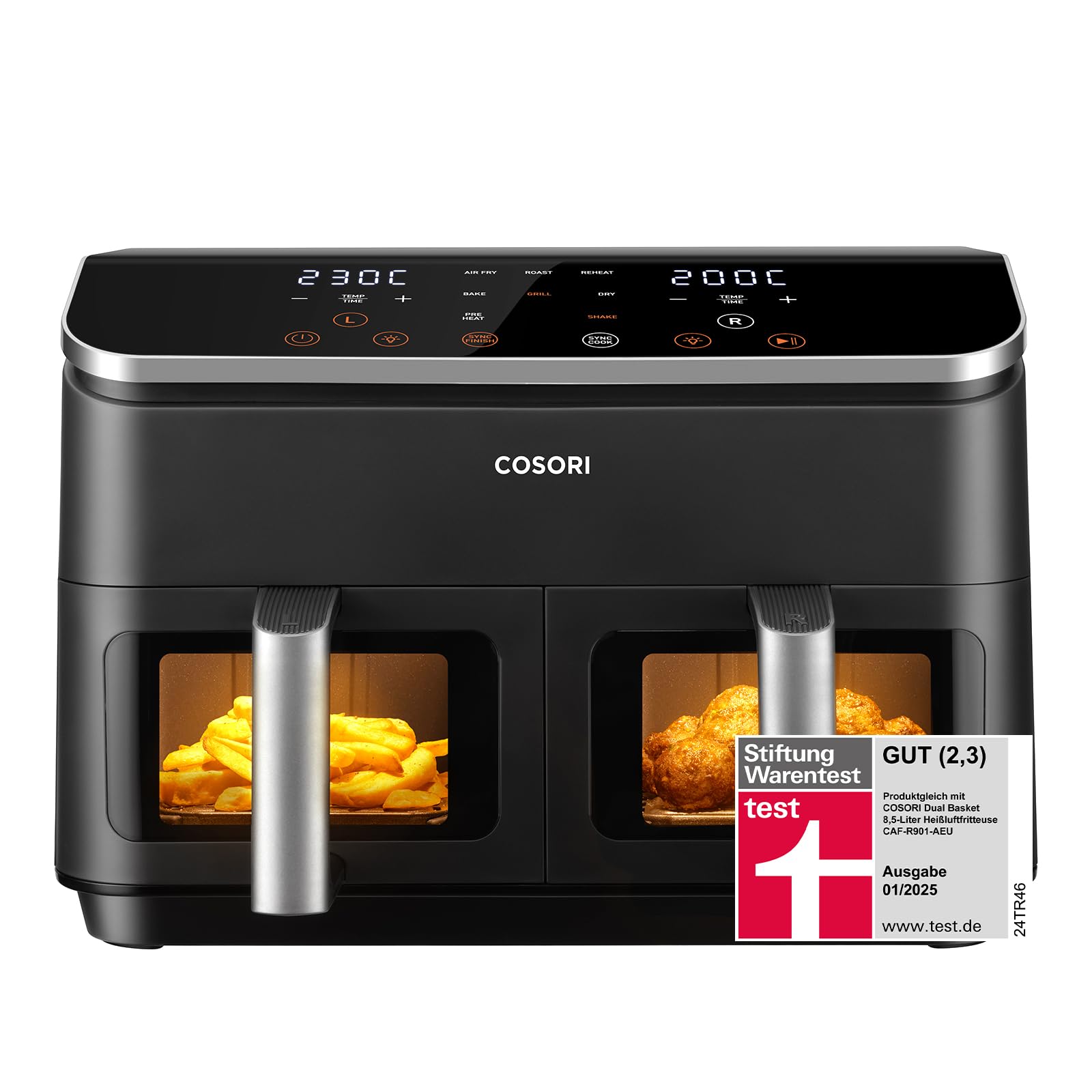 COSORI Airfryer, Testsieger der Stiftung Warentest, Heißluftfritteuse 2 Kammern, 8,5L Heissluftfritteuse mit Sichtfenster, Metall-Innenraum reduziert Kunststoffkontakt Angebot bei HelloDeals