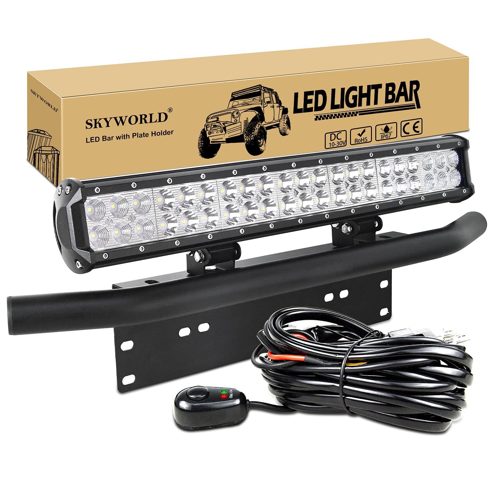 SKYWORLD LED-Lichtleiste, 20 "-Punktscheinwerfer mit 126 W, kombinierter Strahlführung und schwarzem Kennzeichenhalter Kabelbaumsatz für LKW-PKW-ATV-SUV-4x4-LKW-Boot Licht + Halterung + Kabel Angebot bei HelloDeals