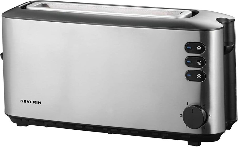 SEVERIN Automatik-Langschlitztoaster, Automatik-Toaster mit Brötchenaufsatz, aus Edelstahl, zum Toasten, Auftauen und Erwärmen, 1.000 W, Edelstahl-gebürstet/schwarz, AT 2515 1 Langschlitz-Röstkammern Single Angebot bei HelloDeals