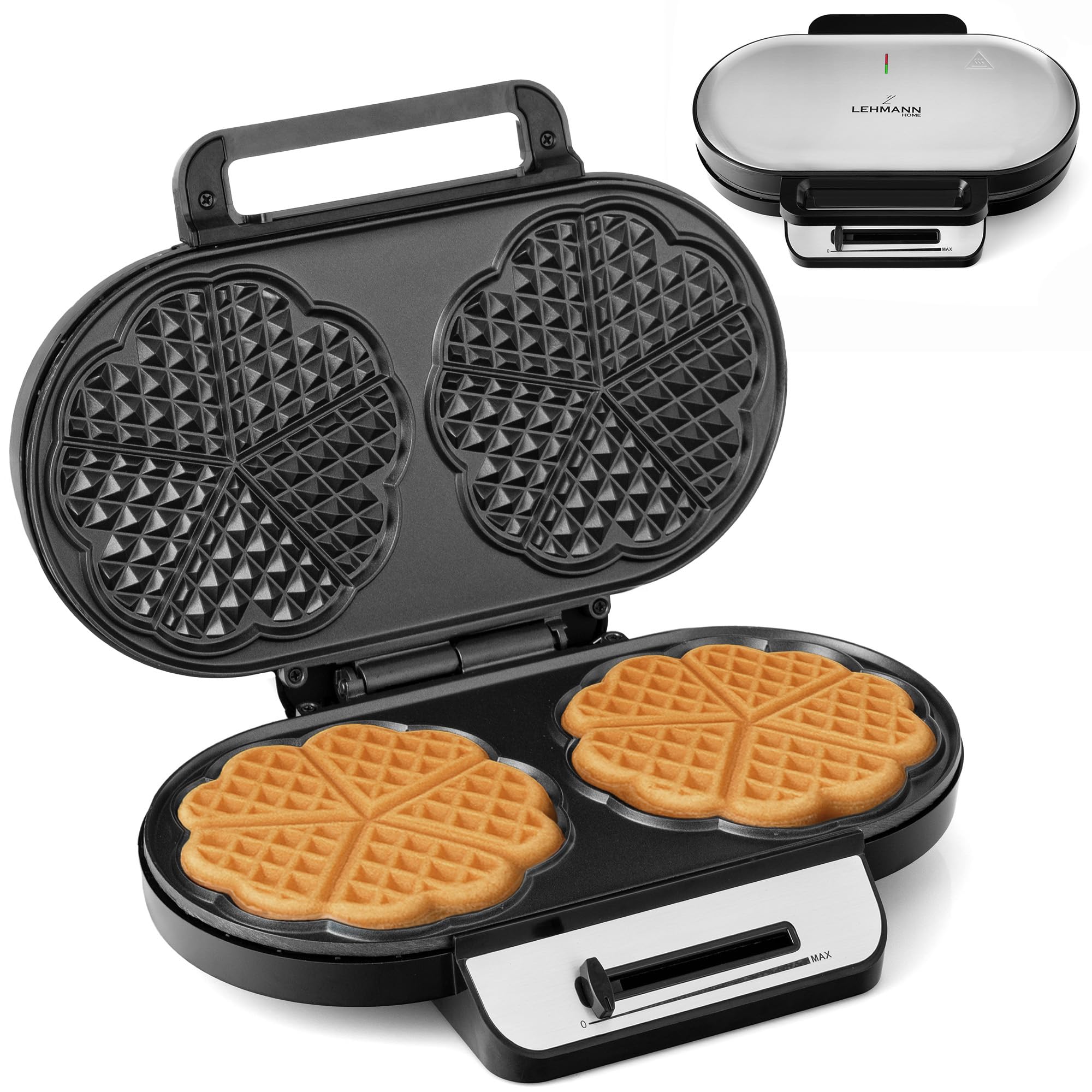 LEHMANN Doppel Waffeleisen Herzform - Herzwaffeleisen für 10 klassische Herzwaffeln - 2 Antihaftbeschichteten Backflächen - Temperaturregelung - Backampel - 1200W - Schwarz/Silber Angebot bei HelloDeals