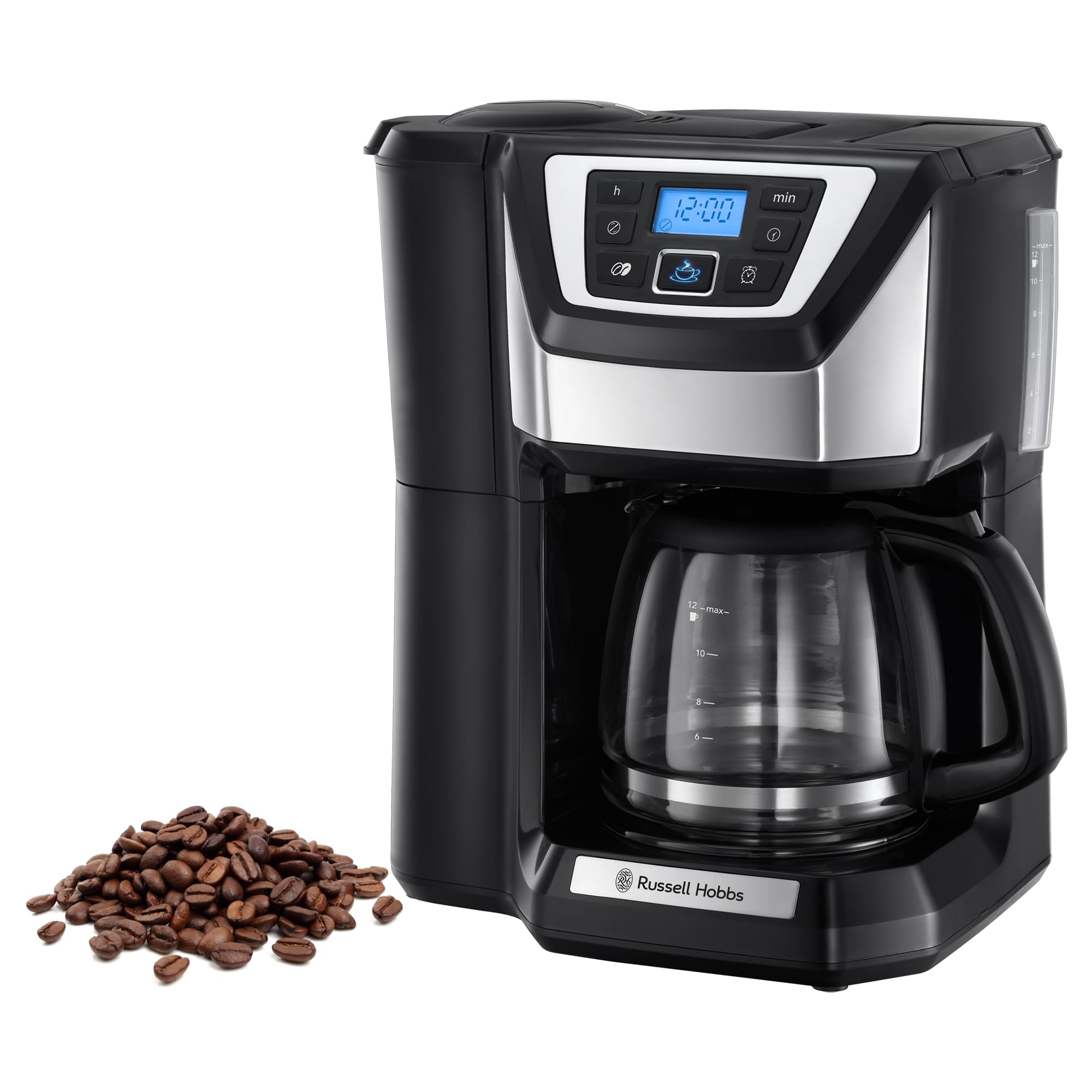 Russell Hobbs Kaffeemaschine mit Mahlwerk [Digitaler Timer, Brausekopf für optimale Extraktion&Aroma] Victory (1 bis 12 Tassen, 1,5l Glaskanne, Mahlgradeinstellung) Filterkaffeemaschine 22000-56 Angebot bei HelloDeals