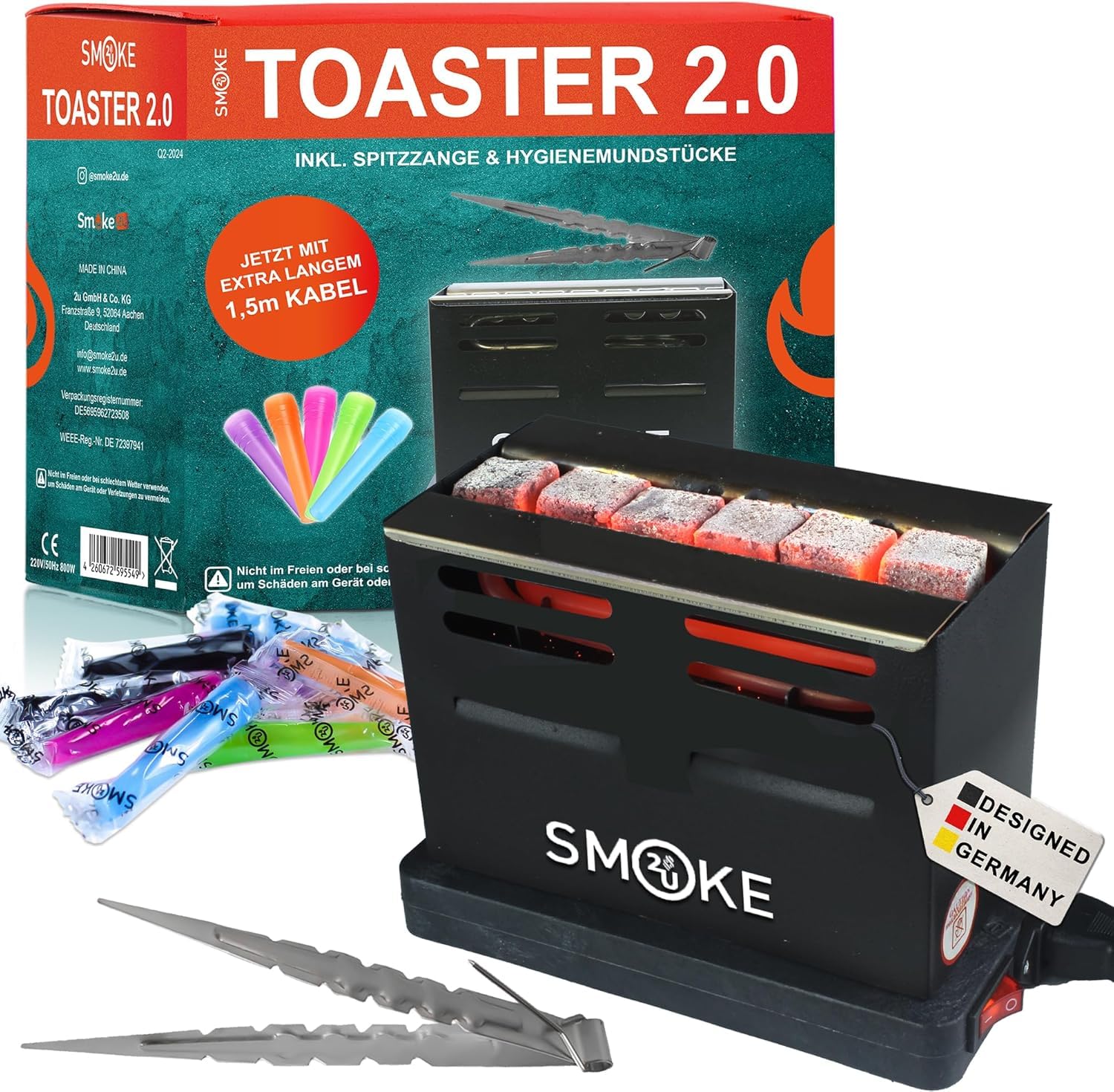 Smoke2u Toaster 2.0 | 800W Elektrischer Kohleanzünder Kohle Grill Kohlen Ofen mit Dreiseitiges-Hitzesystem, inkl. Gitterschutz, Zange, Hygienemundstücke, 6 min fertig - Ohne Kohle Angebot bei HelloDeals