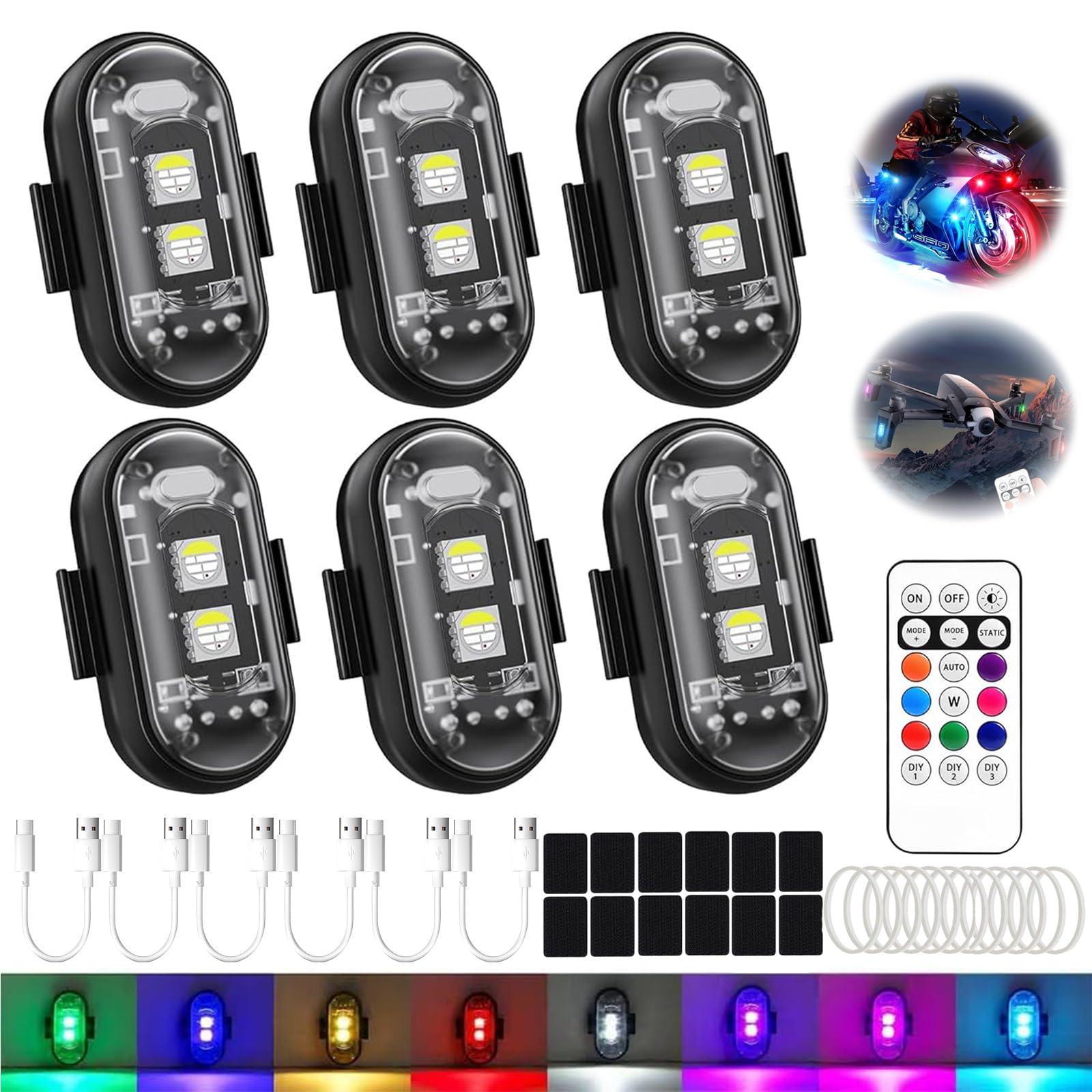6 Stück Kabellose LED Lichter, 8 Farben Wasserdicht Blitzlicht mit Fernbedienung, USB-Aufladung Antikollisionslichter Blitzleuchte, Strobe Drone Light für Motorrad, RC-Auto, Fahrrad, LKW, Drohne Angebot bei HelloDeals