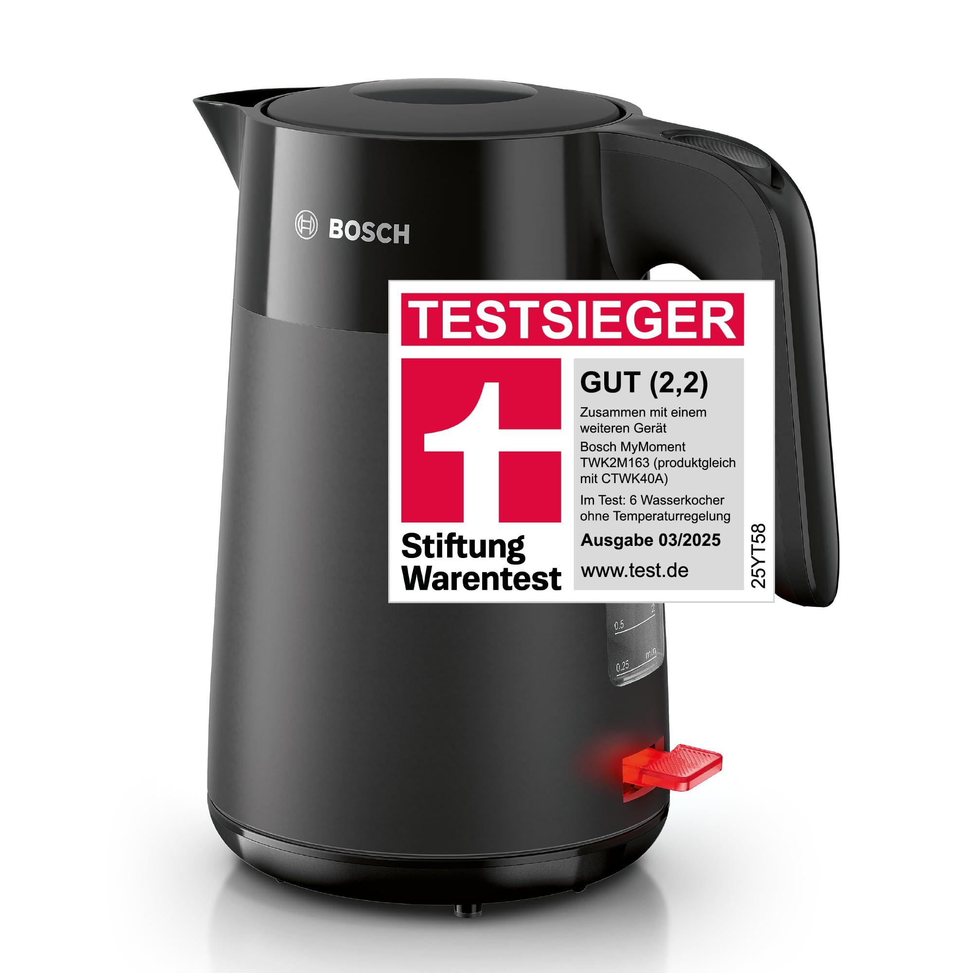 Bosch kabelloser Wasserkocher MyMoment TWK2M163, Abschaltautomatik, Überhitzungsschutz, Tassenanzeige, entnehmbarer Kalkfilter, Trockengehschutz, Dampfstopp-Automatik, 1,7 L, 2400 W, Schwarz matt Angebot bei HelloDeals