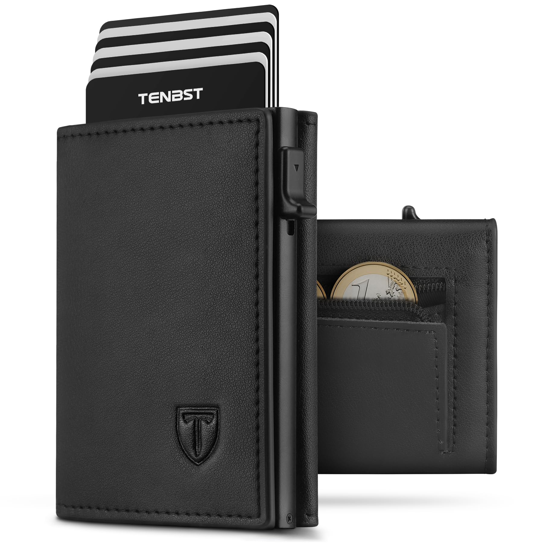 TENBST Geldbörse Herren mit RFID Schutz, Slim Wallet mit Münzfach, 10 Karten Portmonee Geldbeutel Herren, Magnetischer Wallets for Men, Kreditkartenetui Klein with Gift Box - Schwarz Angebot bei HelloDeals