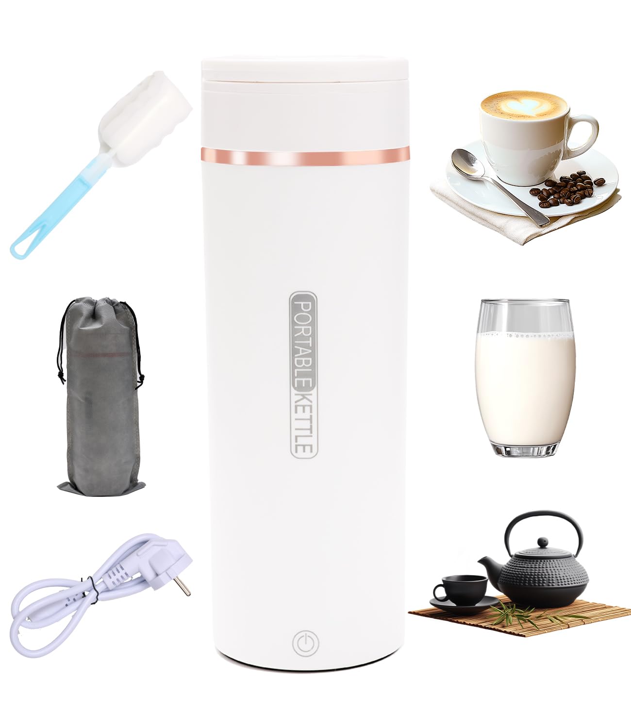 500ML Kleiner Tragbarer Wasserkocher, 3 in 1 Mini Elektrische Wassertasse mit Temperatureinstellung, Automatische Abschaltung, Bürsten und Taschen, Reise Wasserkocher für Kaffee Teezubereitung Weiß Angebot bei HelloDeals