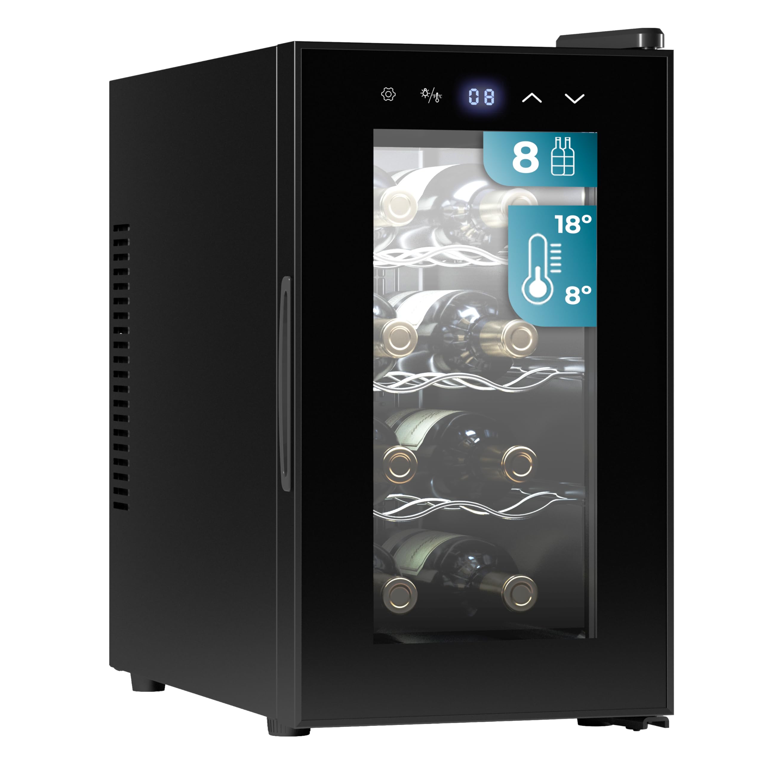 Cecotec Weinregal 8 Flaschen Bolero Grandsommelier 830 Coolcrystal, Thermoelektrische Kühlung, Temperatur einstellbar zwischen 8-18 °C, Touch-Steuerung und Display, LED innen, nicht schädliches Gas. 8 Flaschen Schwarz Angebot bei HelloDeals