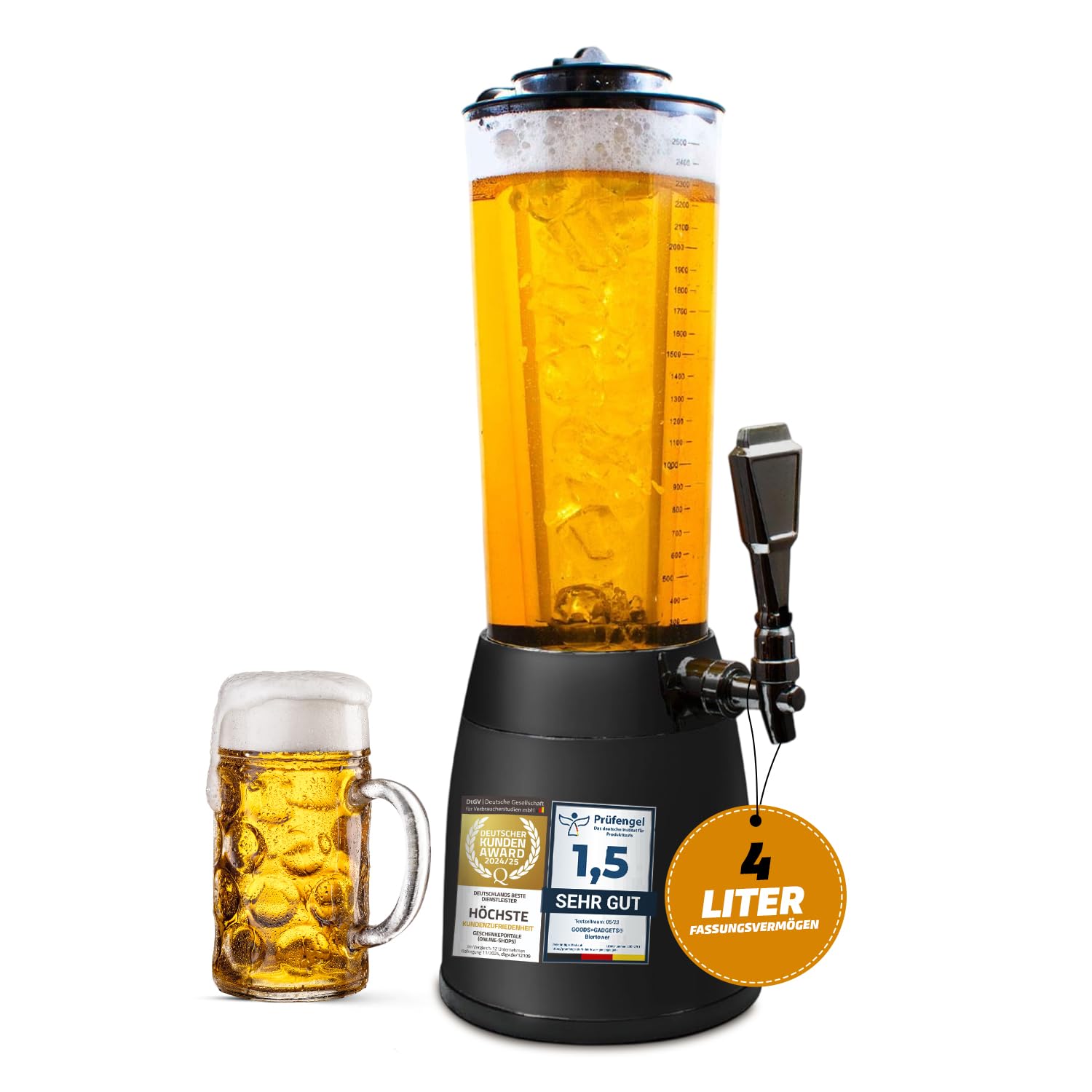 4,0L Biersäule Zapfsäule Kult Biertower Trinksäule Getränkespender Getränkesäule mit 1,3L Eiskühlung (Schwarz) Angebot bei HelloDeals