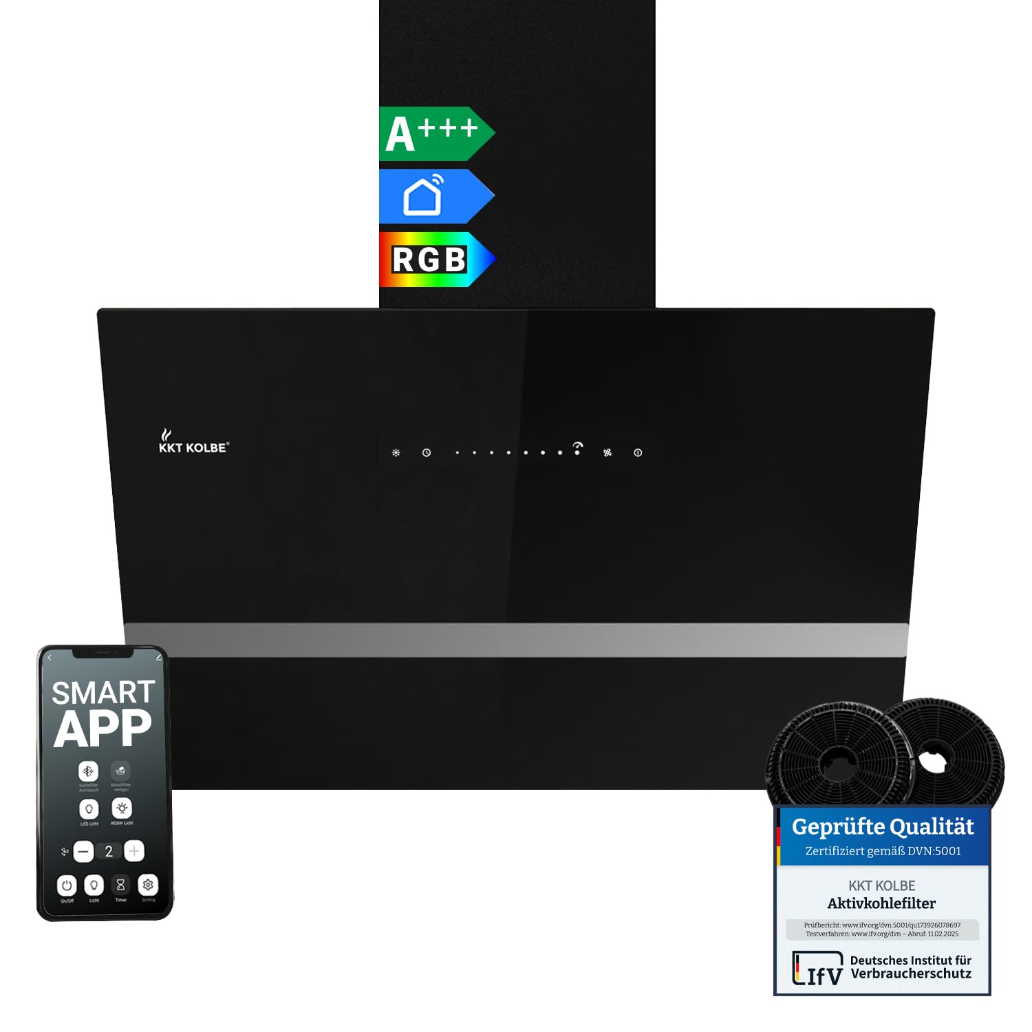 KKT KOLBE Dunstabzugshaube 60 cm | 782 cbm/h Umluft Abluft | Kopffrei | Wandhaube | Schwarz Glas | Smart WiFi App WLAN | RGBW-LED-Beleuchtung | EASY6005SM Easy Sm Schwarz 60 cm Angebot bei HelloDeals