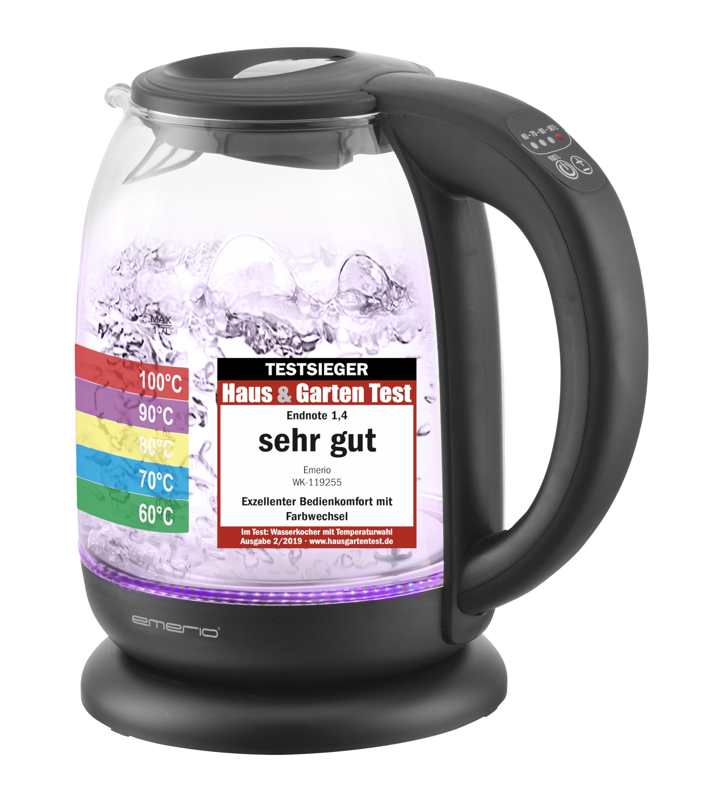 EMERIO Wasserkocher | TESTSIEGER Haus & Garten Test 02/2019 | aus hochwertigem Borosilikatglas | mit Temperaturwahl (60-70-80-90-100°C) | BPA-frei | AutoOff & Trockengehschutz | 2200W | WK-119255.5 Single Angebot bei HelloDeals