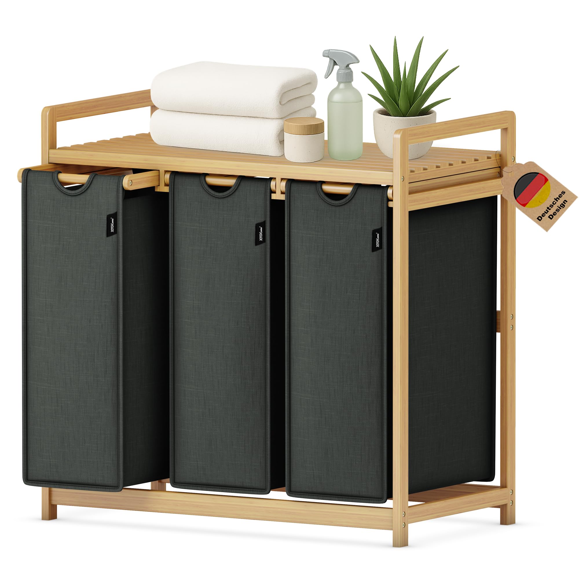 XMHome wäschekorb 3 fächer 148L großer quadratischer Wäschesammler aus Bambus Wäschebox optisch ansprechender Wäschesortierer in 77.5X41.3X77.5 CM Dunkelgrau Dunkelgrau0617 Angebot bei HelloDeals