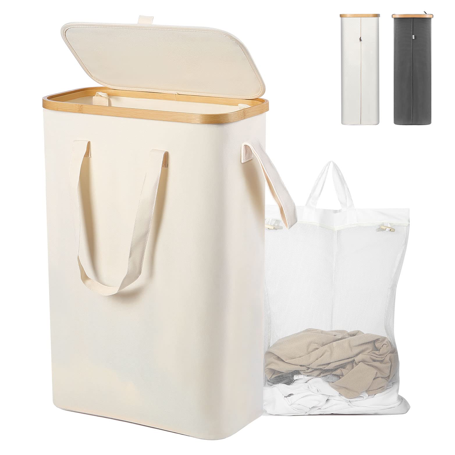 Yamagahome Wäschekorb Schmal mit Deckel, 52L Wäschesammler Schmal mit Wäschesack, Faltbarer Wäschekorb aus Bambus mit Tragegriff für Apartment, Wohnheim und Wohnwagen, Beige Angebot bei HelloDeals