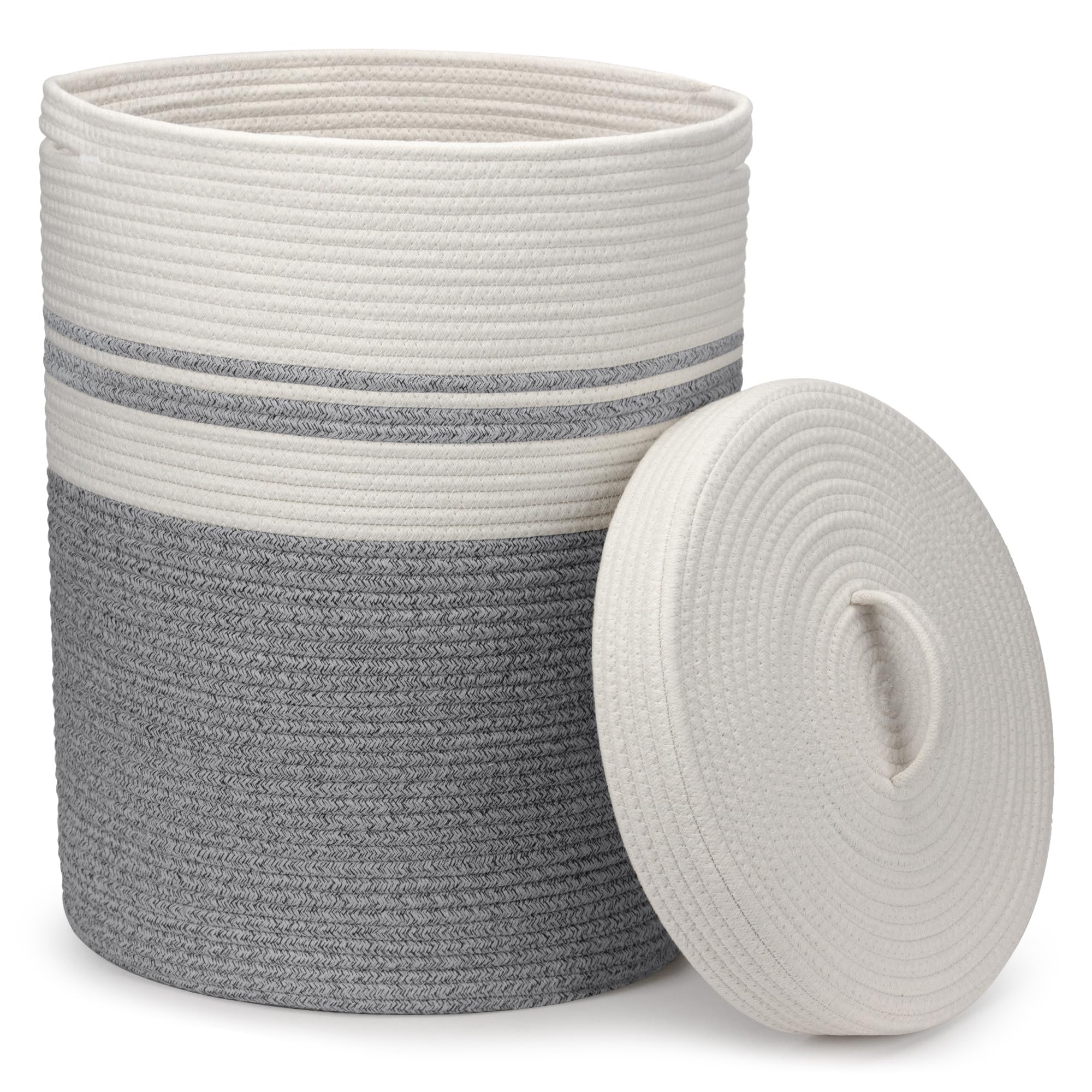 Goodheim Faltbarer Wäschekorb mit Deckel, Wäschesammler - Wäschekörbe, Körbe geflochten, groß & XXL, weiß, Baumwollkorb -Aufbewahrungskorb groß (Grau,37 x 52cm) 55L Grau mit Deckel Angebot bei HelloDeals