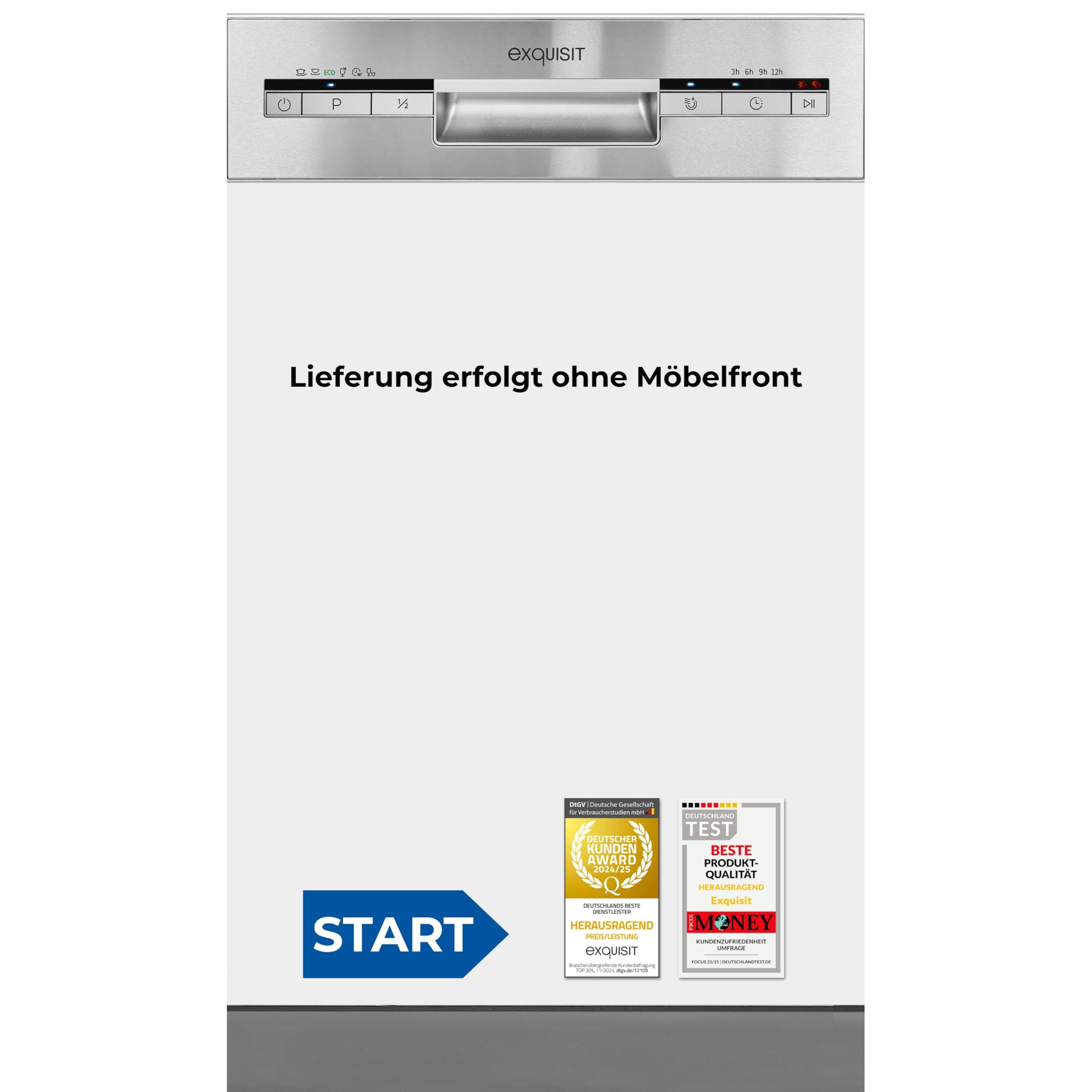 Exquisit START Einbaugeschirrspüler 45 cm, Teilintegriert, 9 Maßgedecke, 9 Liter, Startzeitvorwahl, ECO-Modus, EGSP51009-EB-030E inox Angebot bei HelloDeals