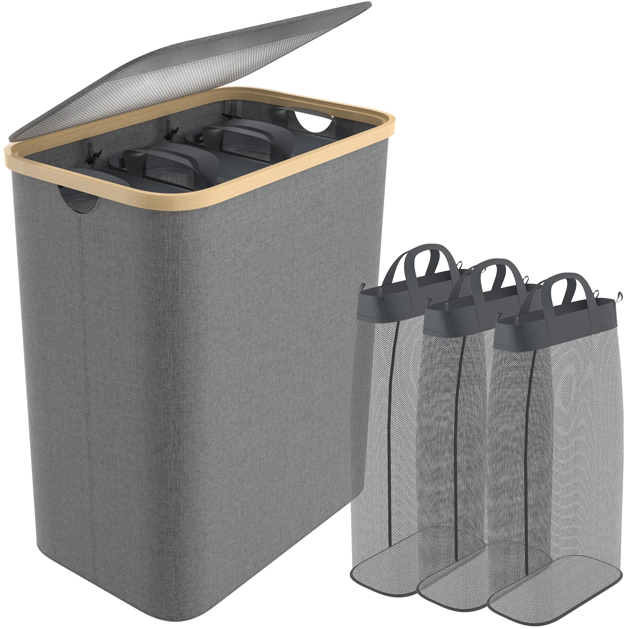 SUBTLETY 140L Wäschekorb aus Oxford-Gewebe 3 Fächer Abnehmbar Wäschesammler mit Bambusrahmen Faltbare Wäschesack Wäscheboxen mit Griff & Deckel Wäschesortierer Wäschetonne für Waschküche (Grau) Angebot bei HelloDeals