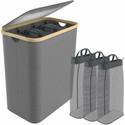 SUBTLETY 140L Wäschekorb aus Oxford-Gewebe 3 Fächer Abnehmbar Wäschesammler mit Bambusrahmen Faltbare Wäschesack Wäscheboxen mit Griff & Deckel Wäschesortierer Wäschetonne für Waschküche (Grau) Angebot bei HelloDeals