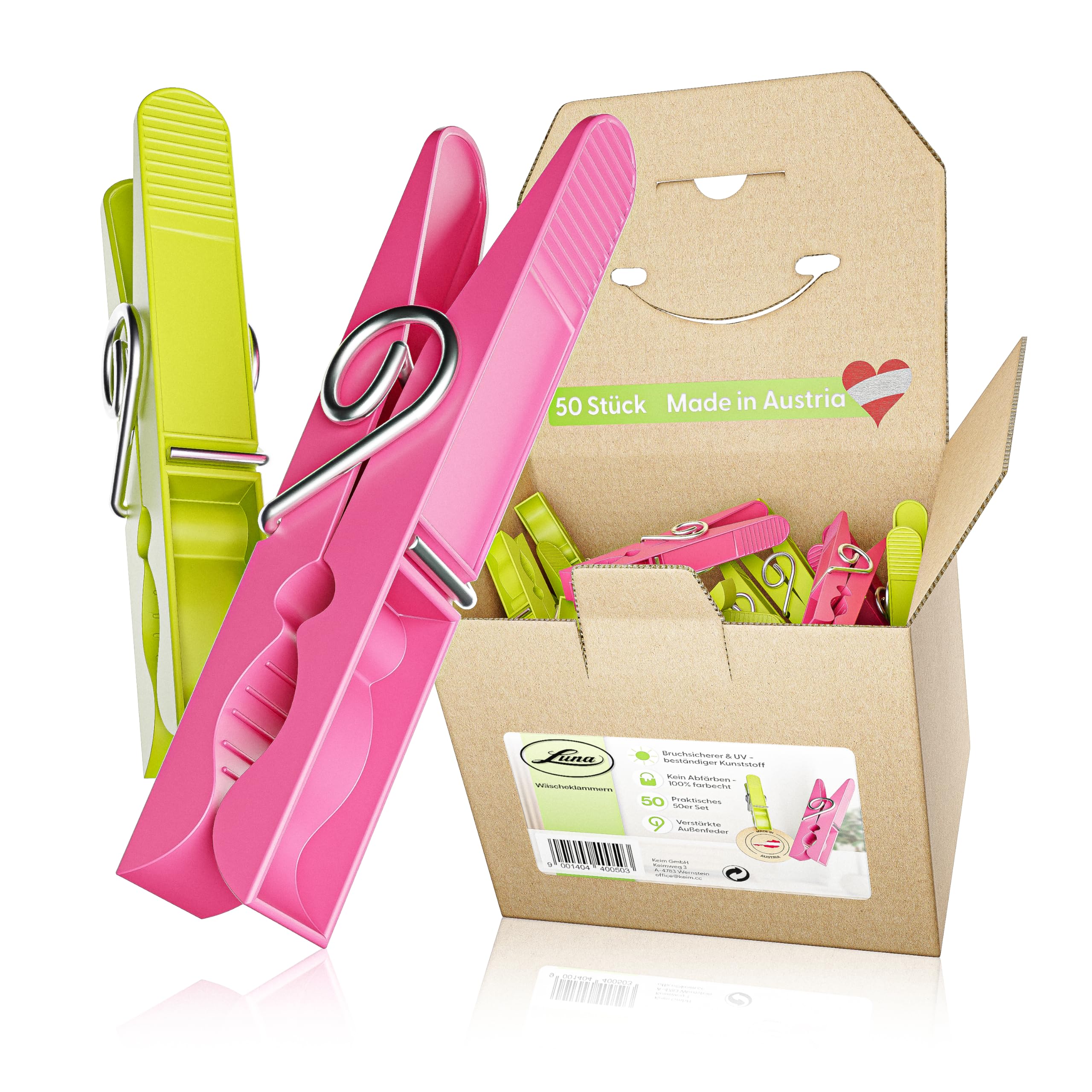 Luna® Wäscheklammern Plastik 50 Stück - Made in Austria - Wäscheklammer aus recycelten UV beständigen Kunststoff - Klammern ohne Abdruck - Clothespins - 100% Farbecht - Nachhaltig - Kluppen mit Box Angebot bei HelloDeals