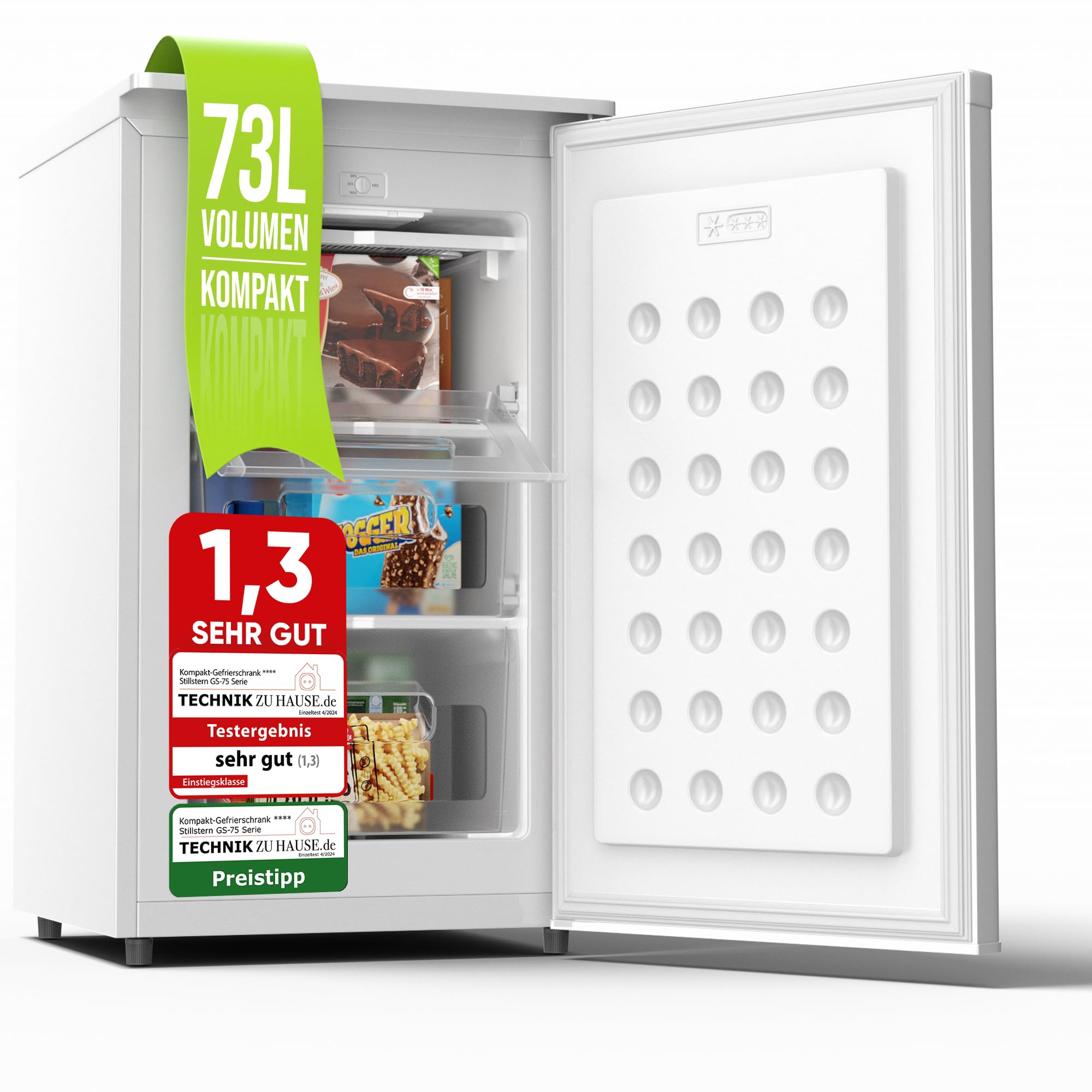 Stillstern Gefrierschrank C (73L) 4-Sterne-Gefrierfach -18°C geringer Energieverbrauch, 3 Fächer, stufenlos regelbare Temperatur, wechselbarer Türanschlag, Gefrierschrank Klein, Tiefkühlschrank Weiß Angebot bei HelloDeals