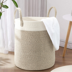 LA BONHEUR Wäschekorb Geflochten Laundry Basket Groß Wäschesammler Wäschesortierer kinderzimmer Wäschetonne Aufbewahrung Spielzeug Aufbewahrungskorb Baumwolle（mit Henkel Faltbar）35cm*40cm Angebot bei HelloDeals